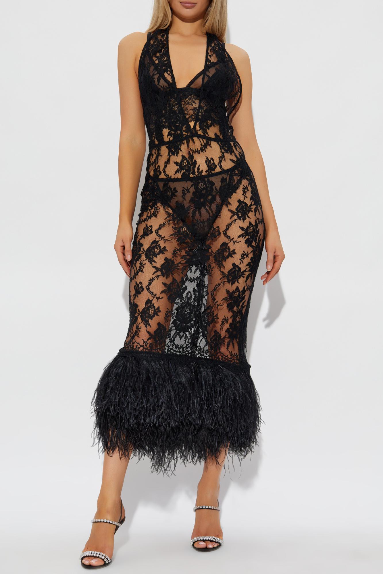 Dolce & Gabbana Lace Dress With Ostrich Feathers in Black | Lyst