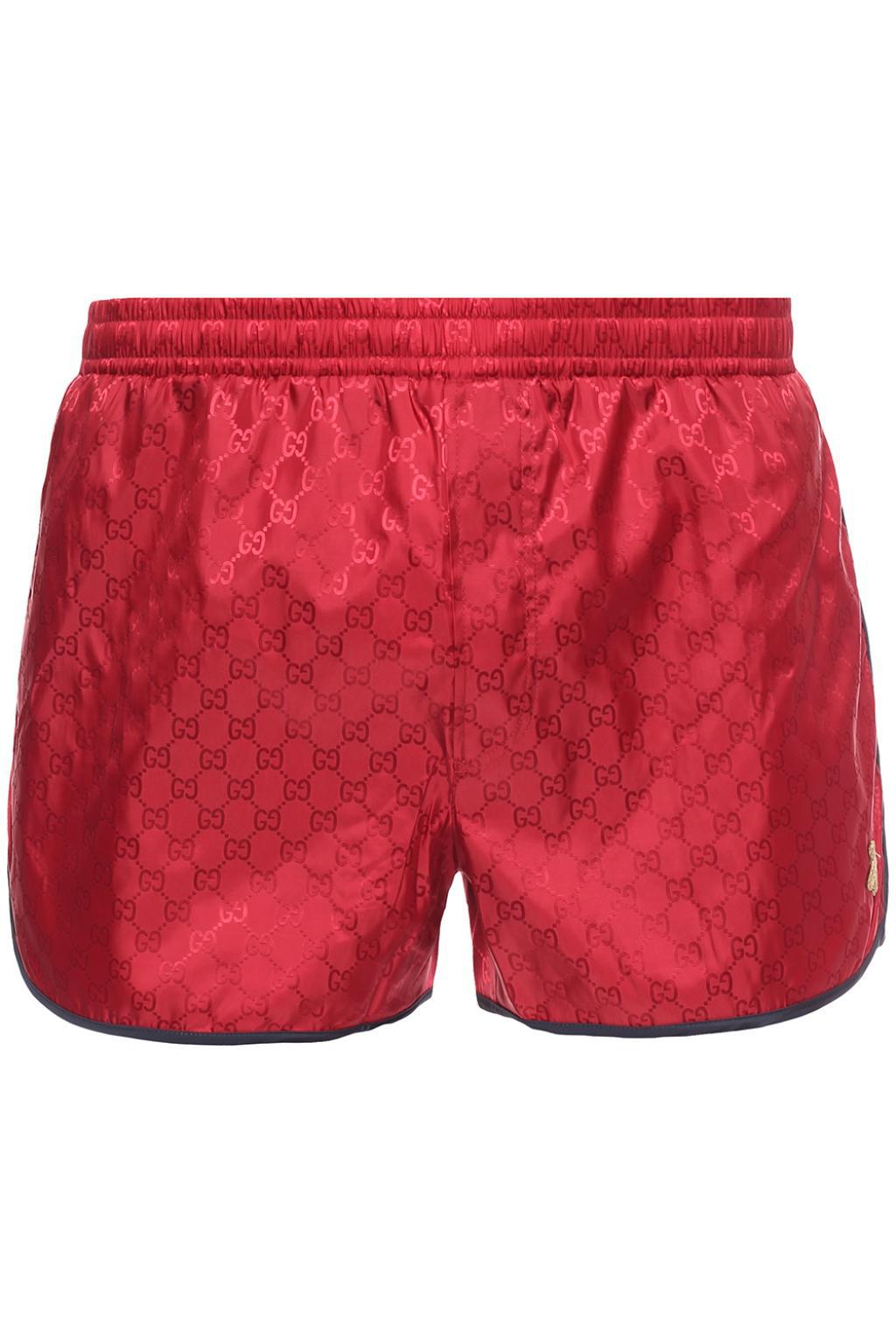 Gucci Synthetic Monogram Bee Embroidery Swim Shorts in Red for Men - Lyst