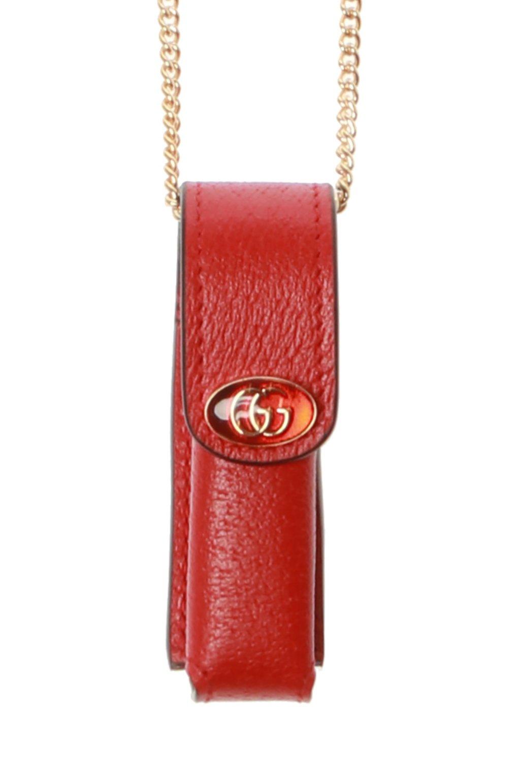 Gucci Porte Rouges Leather Lipstick Case Key Chain In Lobster Red