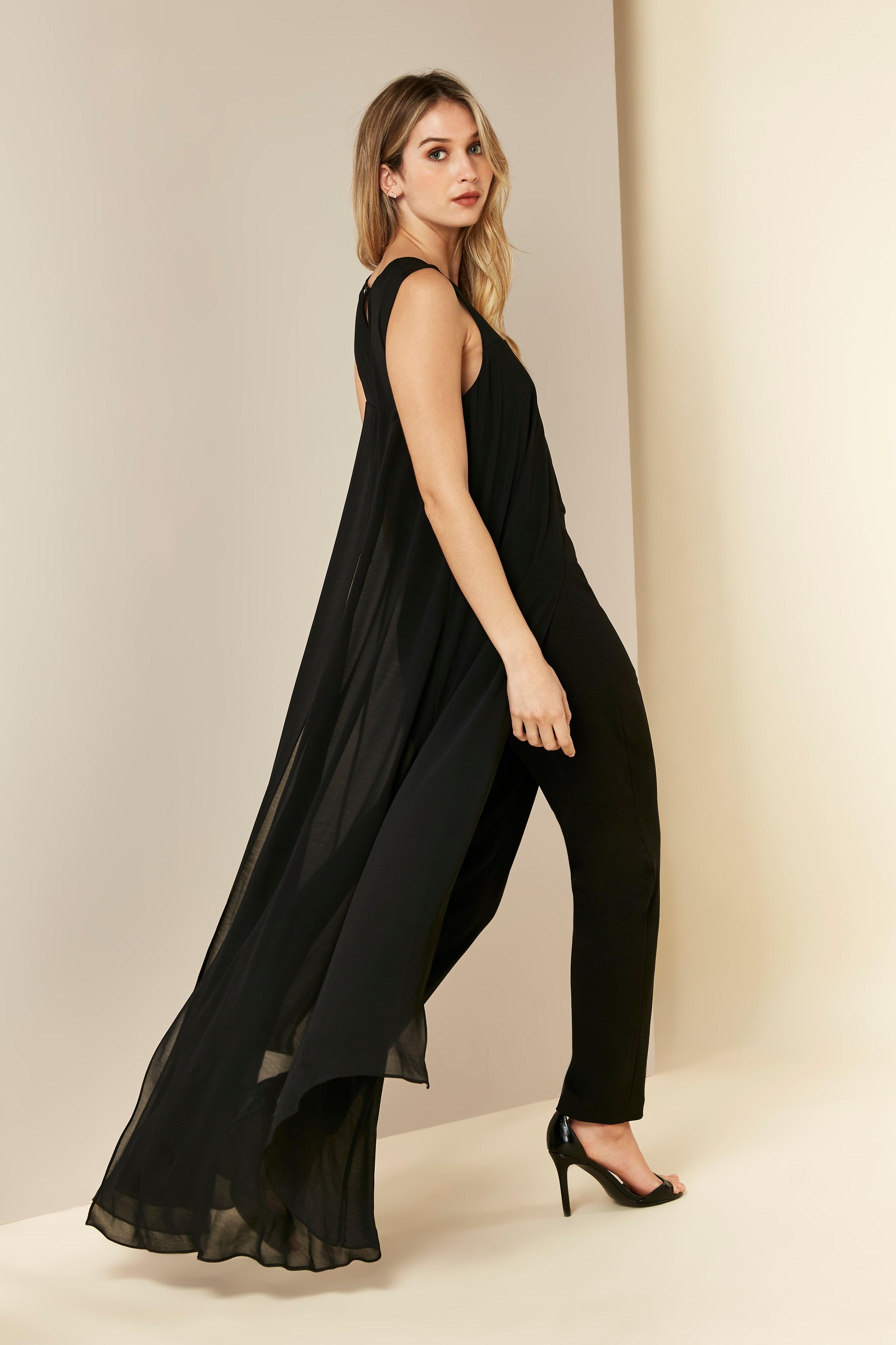 overlay embellished split neck black jumpsuit