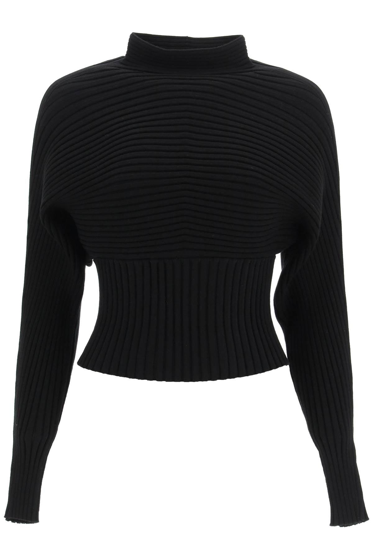 Tory Burch Ribbed Stretch Sweater With Dolman Sleeves in Black | Lyst