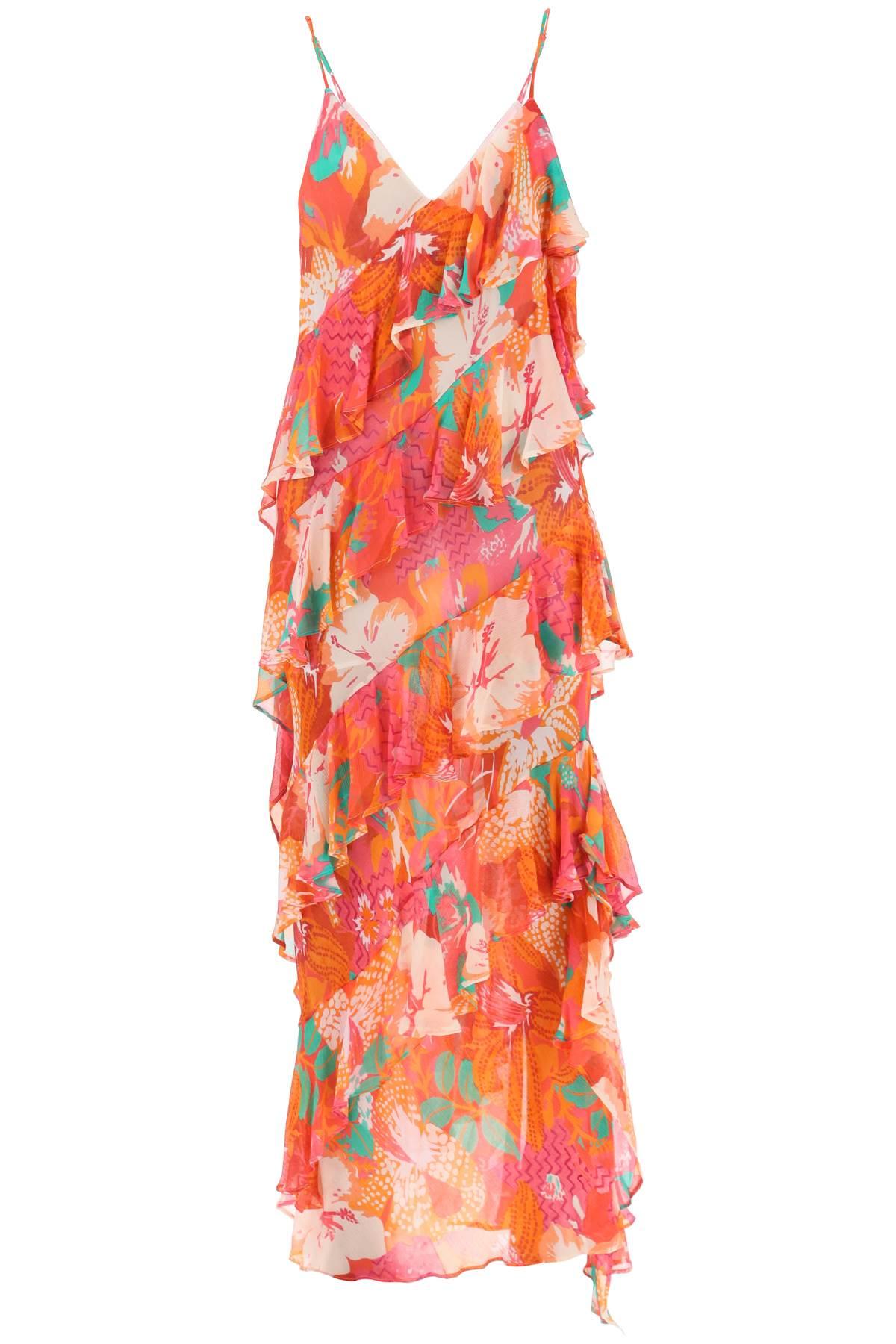 MSGM Maxi Frilled Dress With Tropical Motif in Red | Lyst