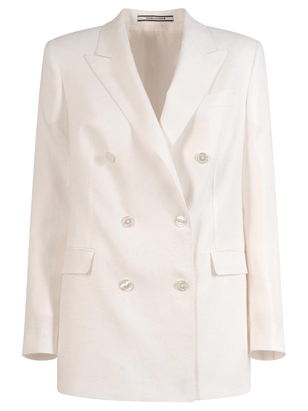 ジャケット TAGLIATORE JASMINE DOUBLE-BREASTED JACKET IN LINEN BLEND Tagliatore Jasmine Double-Breasted Linen Blazer in Natural