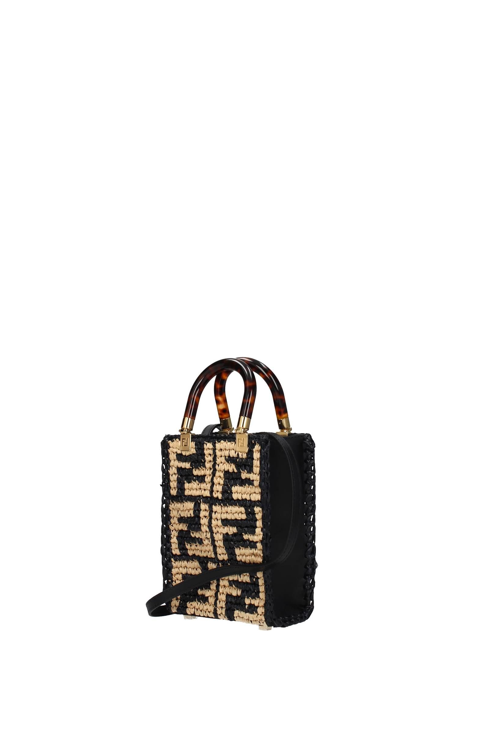FENDI: Sunshine bag in raffia with FF monogram embroidered in chenille -  Beige