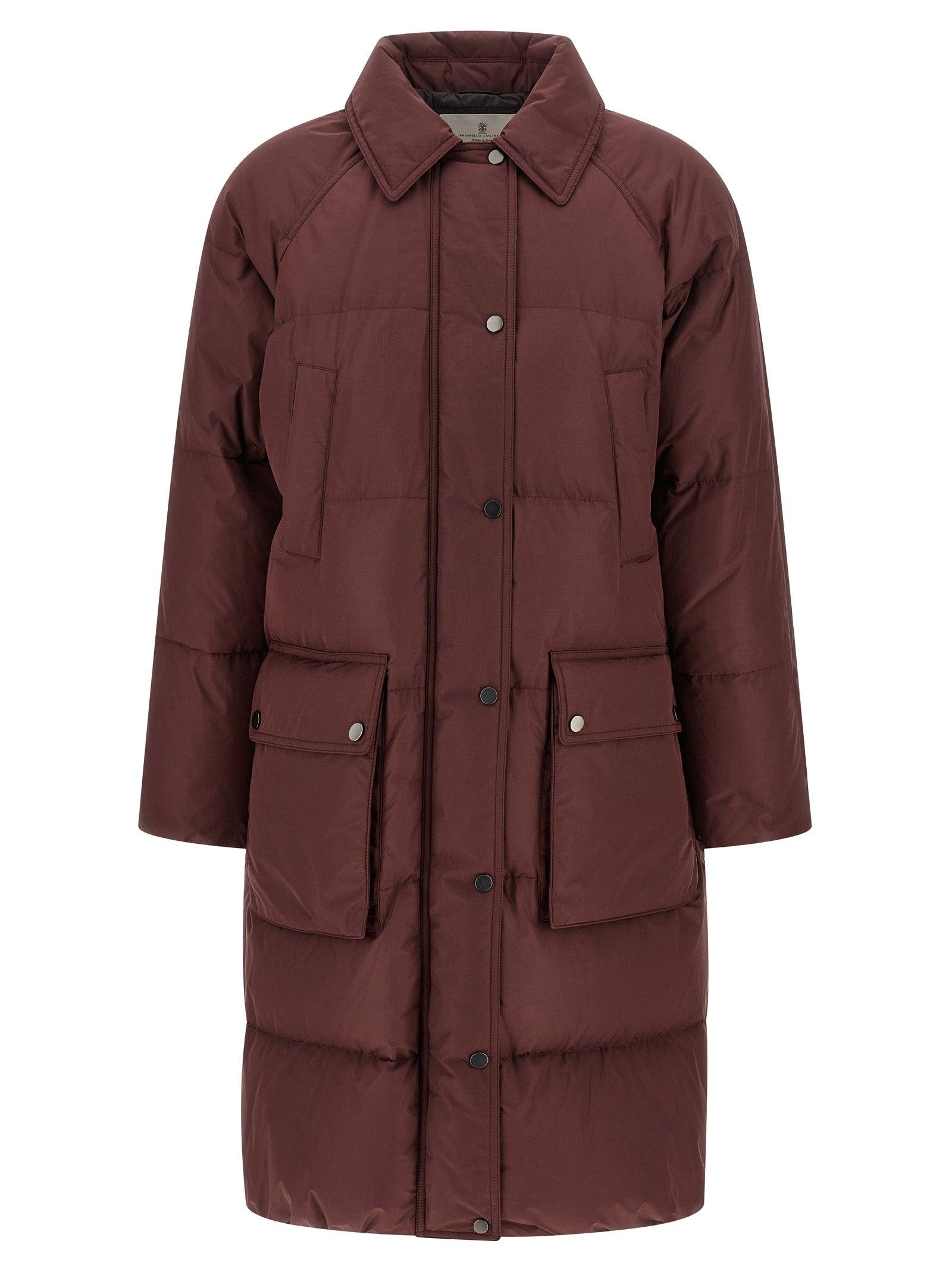 Brunello Cucinelli Shiny Zipper Pull Puffer Jackets Bordeaux