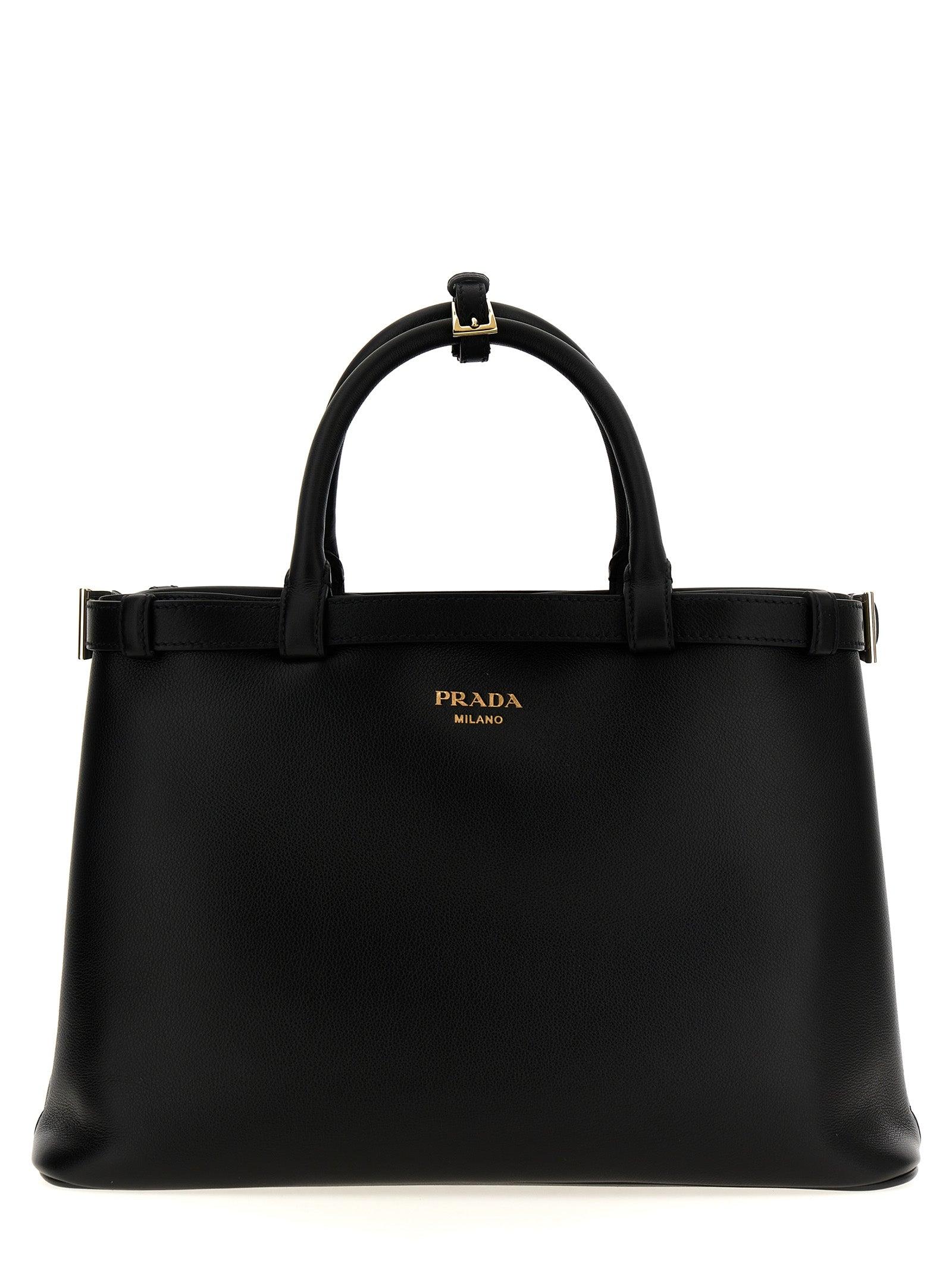 トートバッグ PRADA Black leather medium Prada Buckle handbag Prada Buckle Medium' Handbag in Black | Lyst