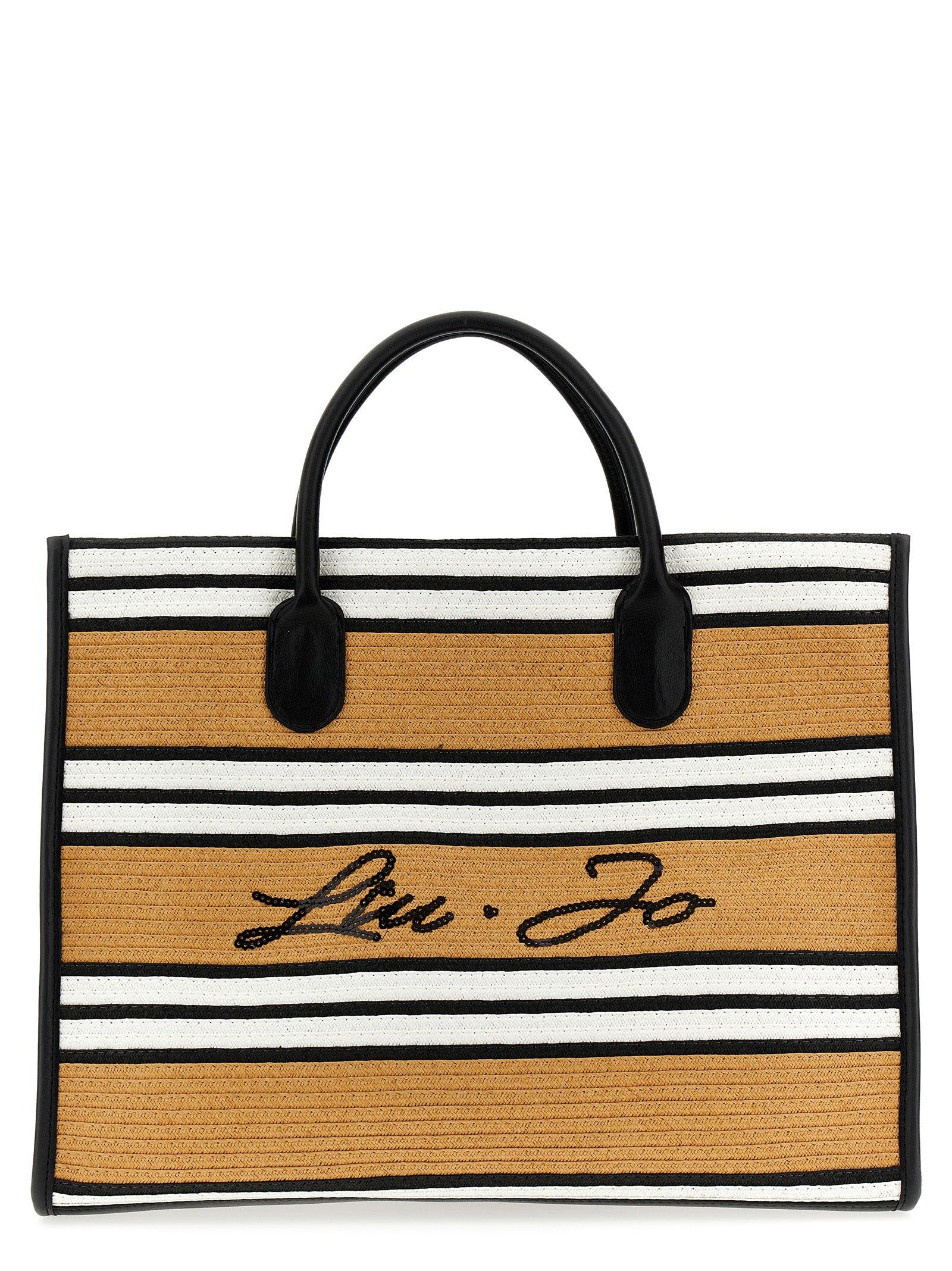 Liu Jo Logo Striped Raffia Shopping Bag in Black | Lyst