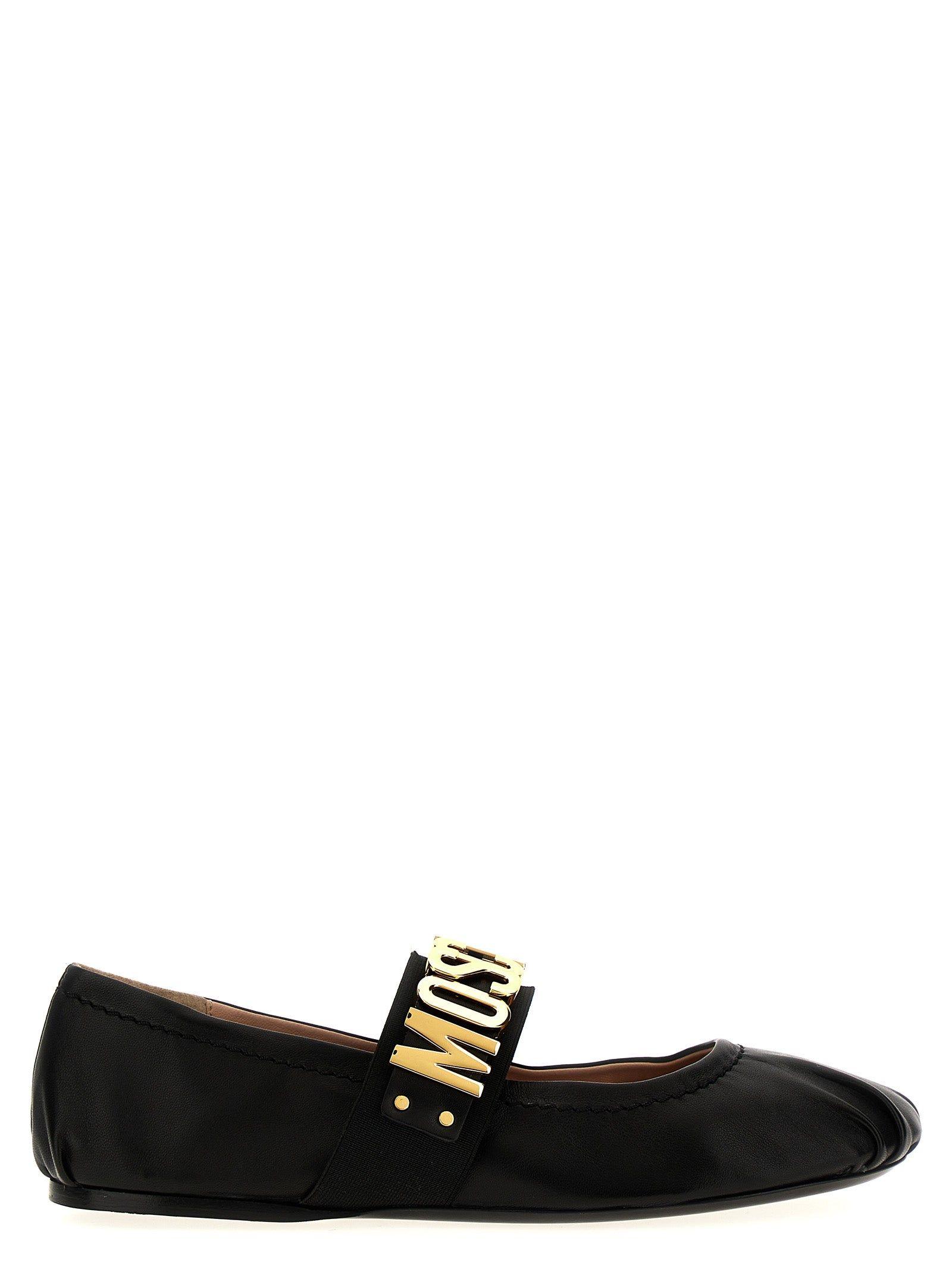 Moschino logo-lettering leather ballerina shoes - Black
