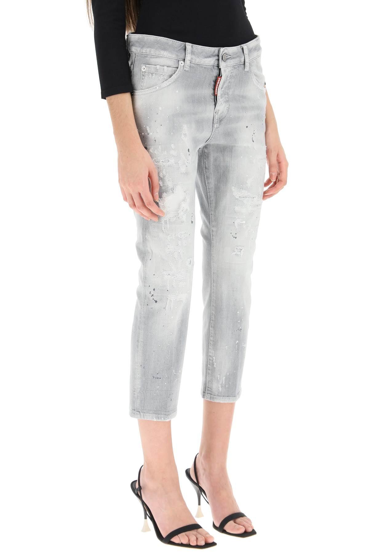 DSquared² Destroyed Denim Cool Girl Cropped Jeans With Rhinestones