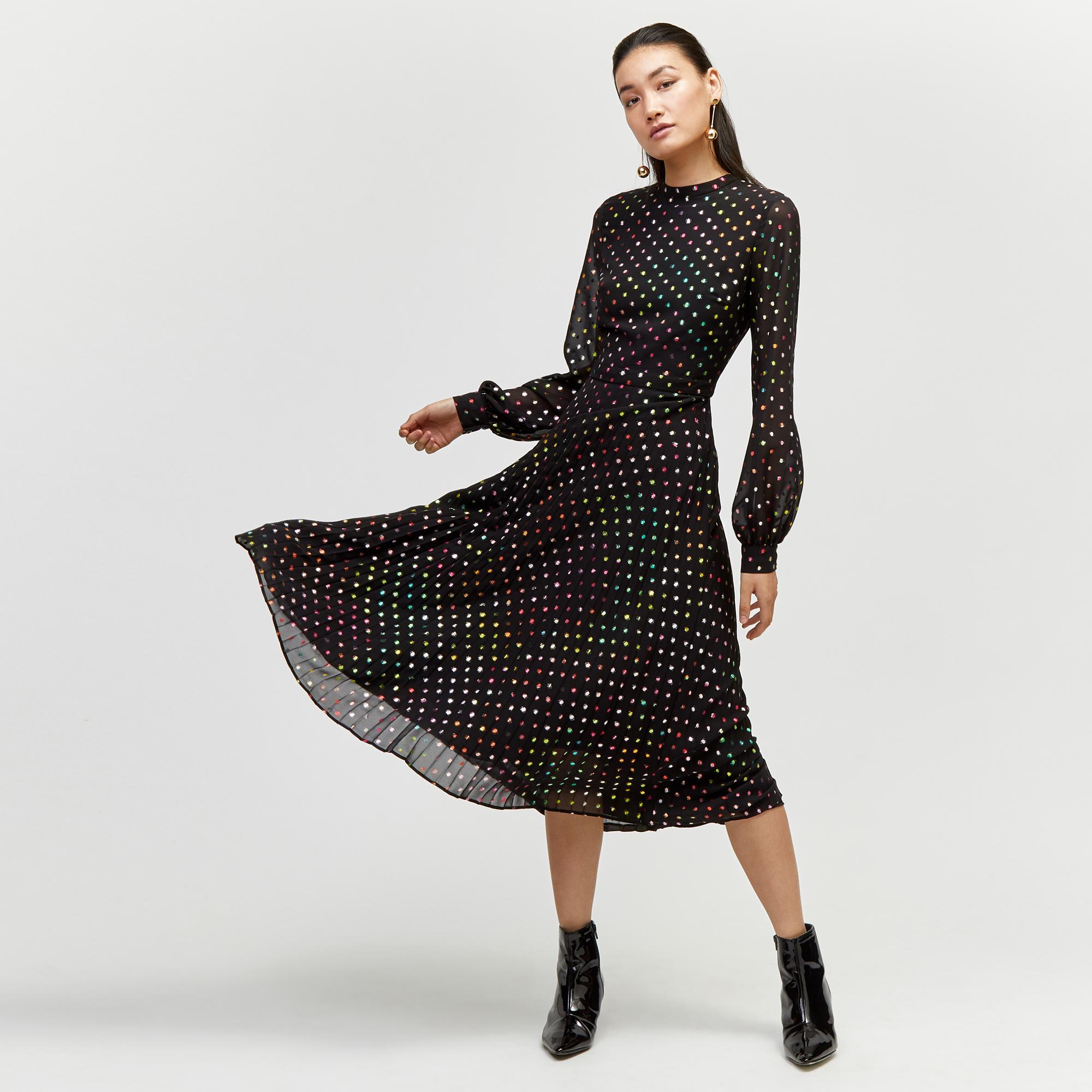 foil spot pleated midi dress