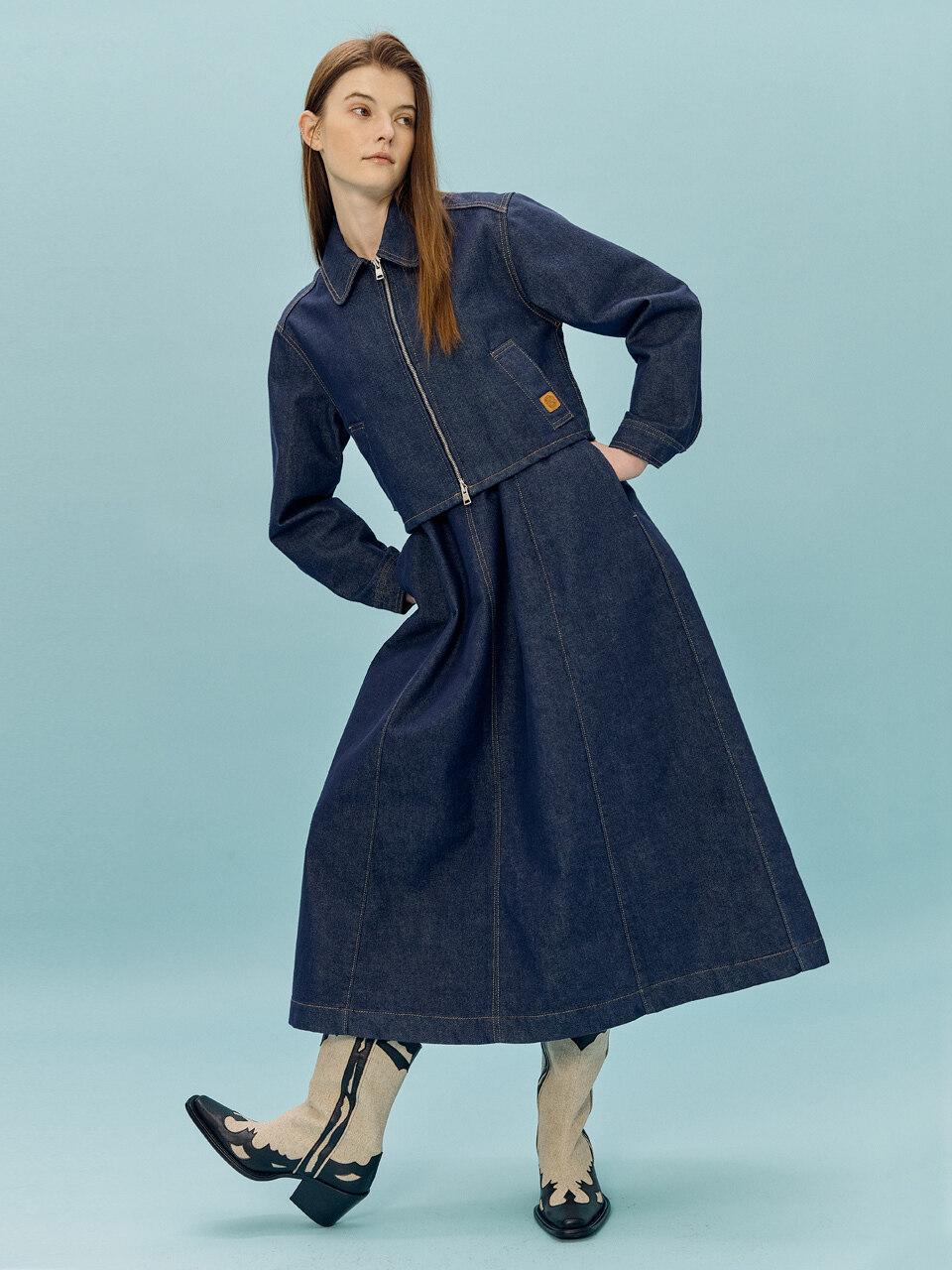 corner Long Denim Dress in Dark Blue 
