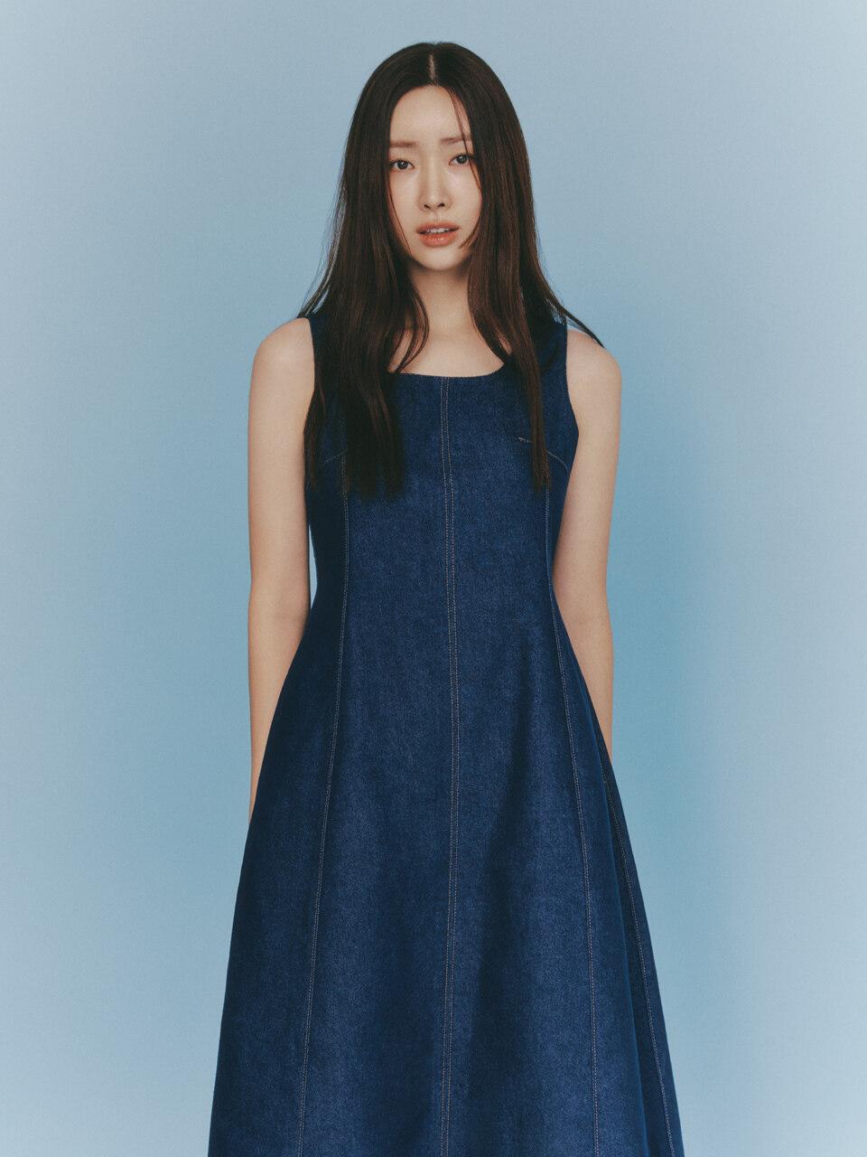 corner Long Denim Dress in Dark Blue 