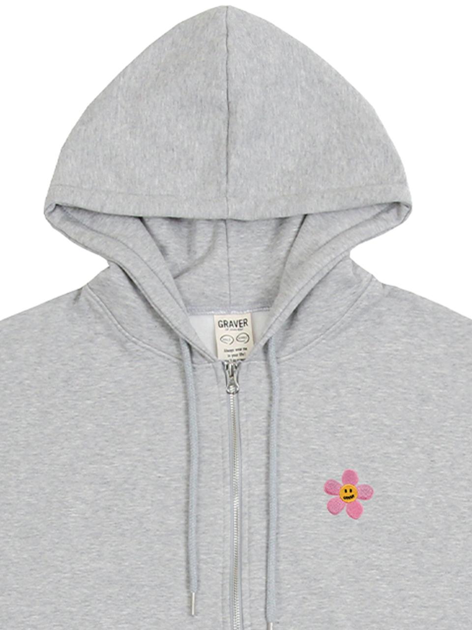 GRAVER Pink Flower Smile Embroidery Hoodie Zip Up in Gray for Men