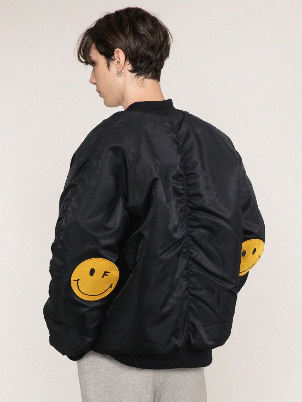 GRAVER Synthetic Elbow Embroidered Dot Smile White Clip Ma-1 Bomber Jacket in Black | Lyst
