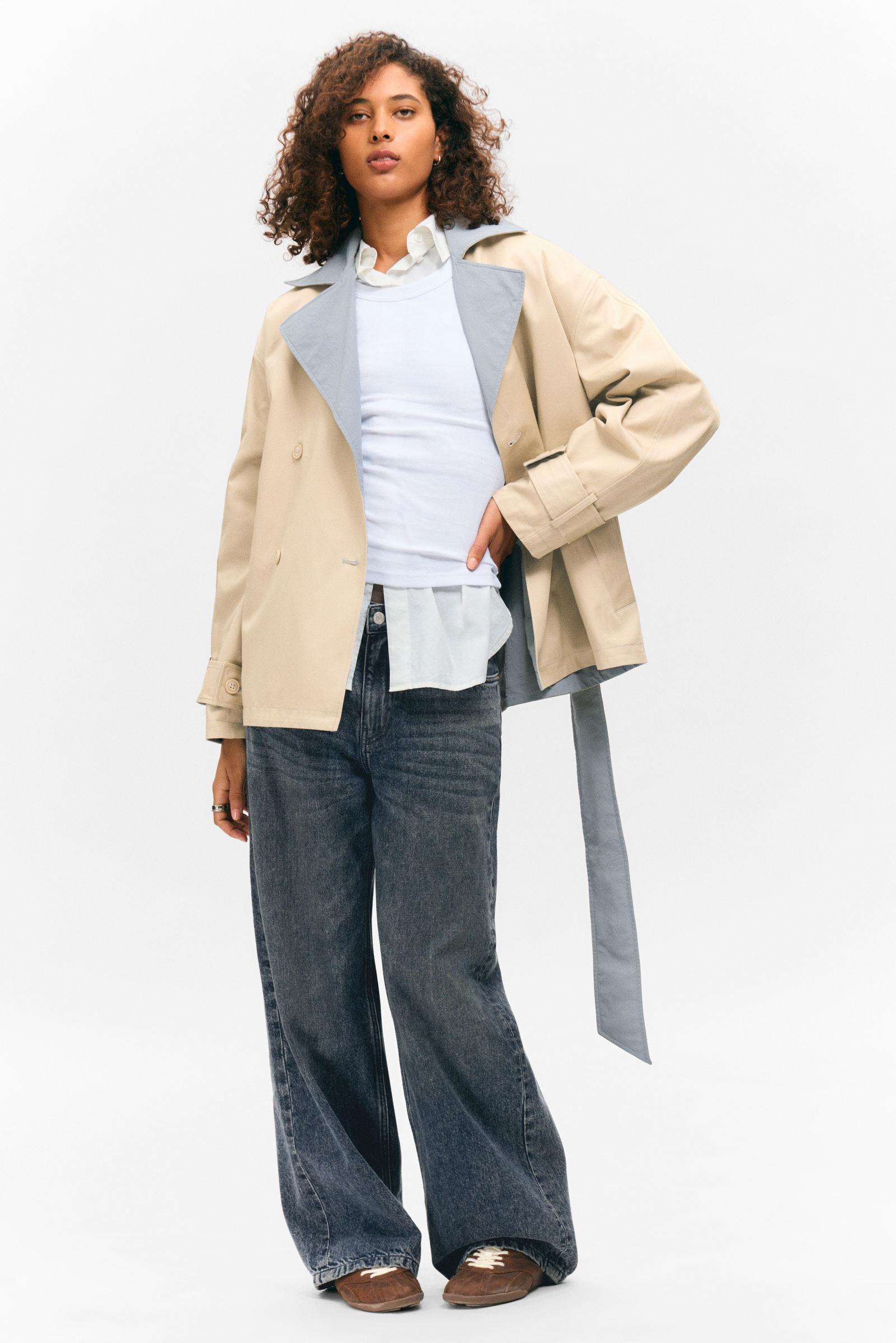 Monki Short Double-Breasted Reversible Trench Coat in Natural