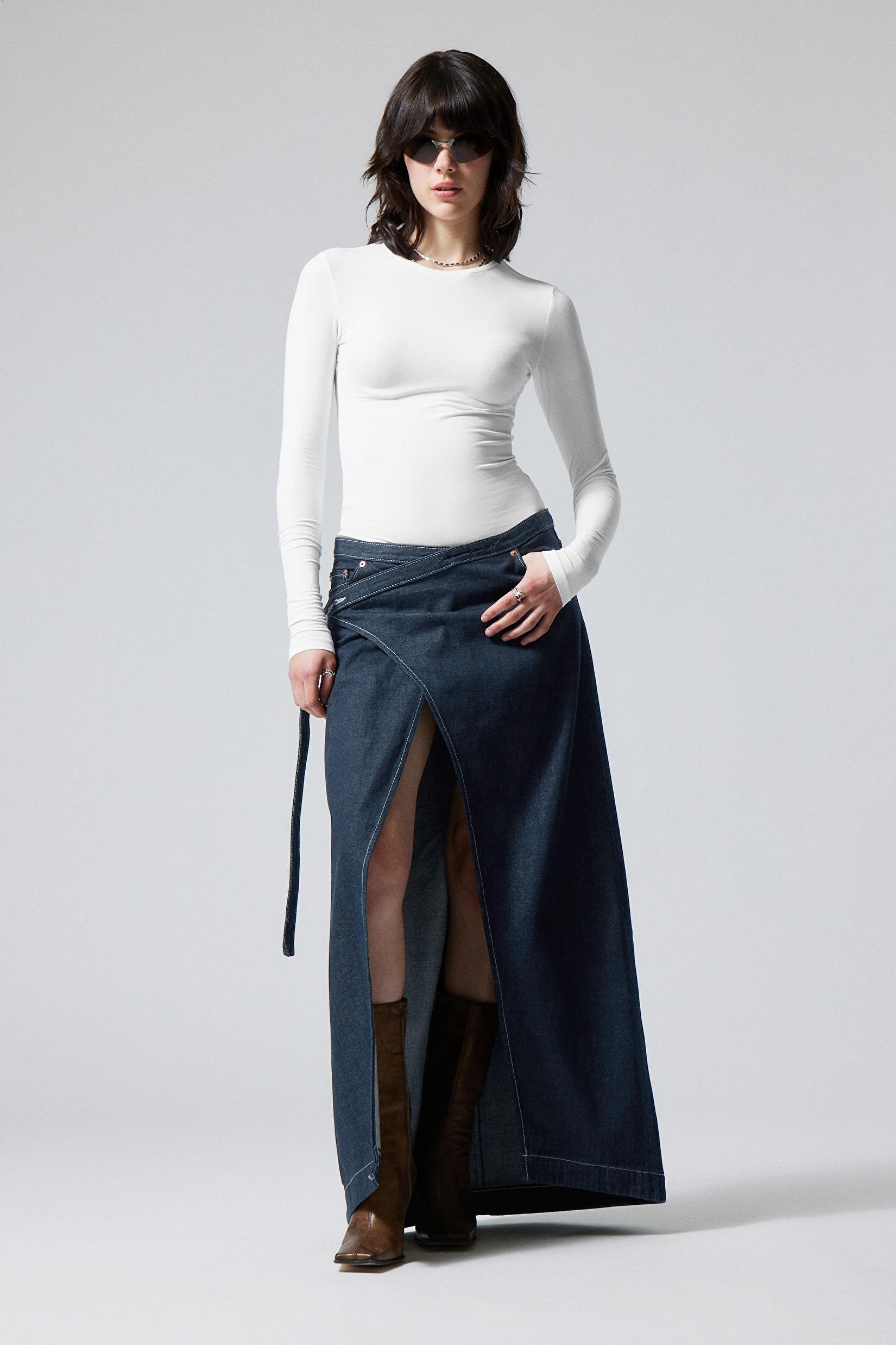 Long denim wrap around skirt hotsell