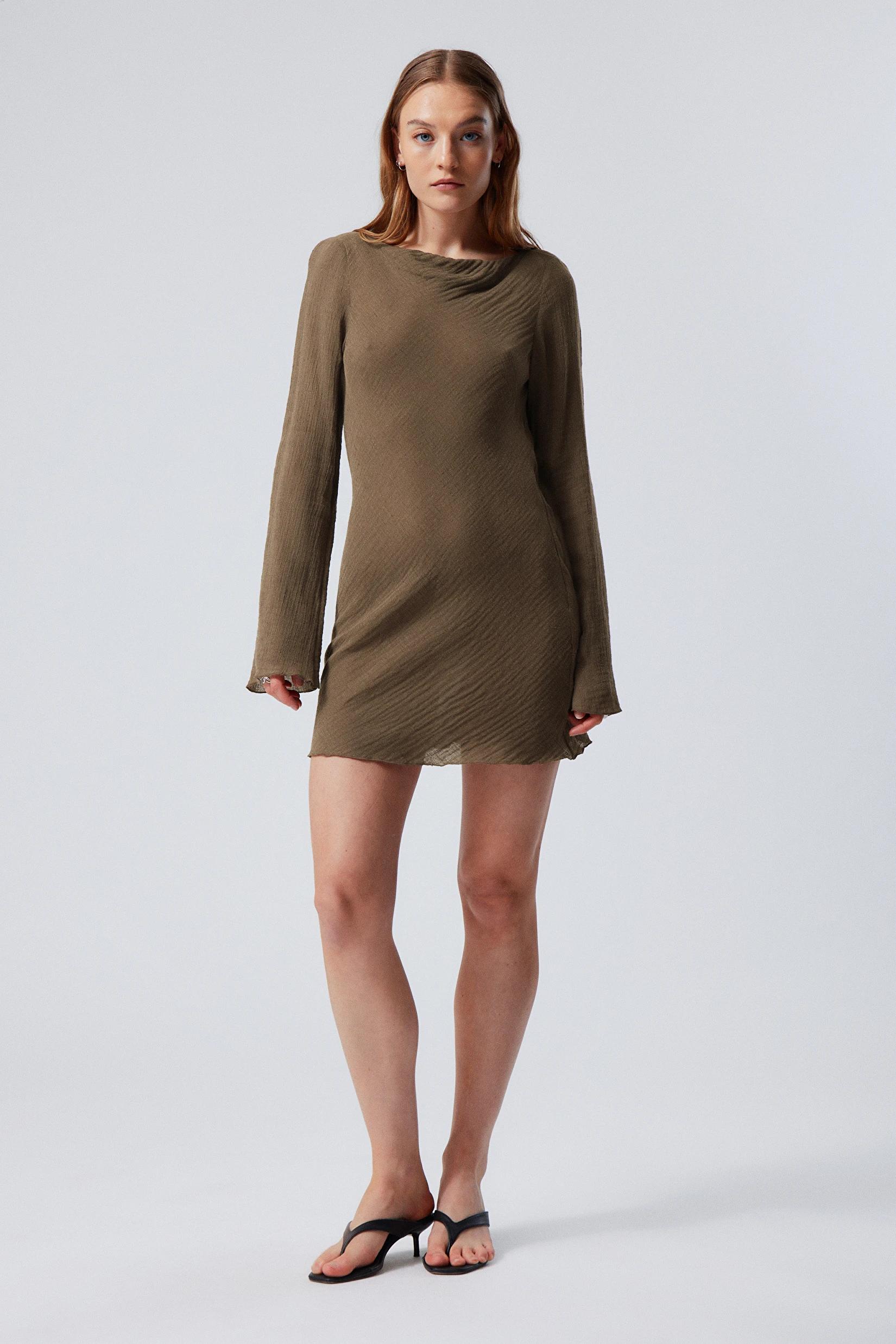 Weekday Mini Long Sleeve Linen Blend Dress in Natural | Lyst UK