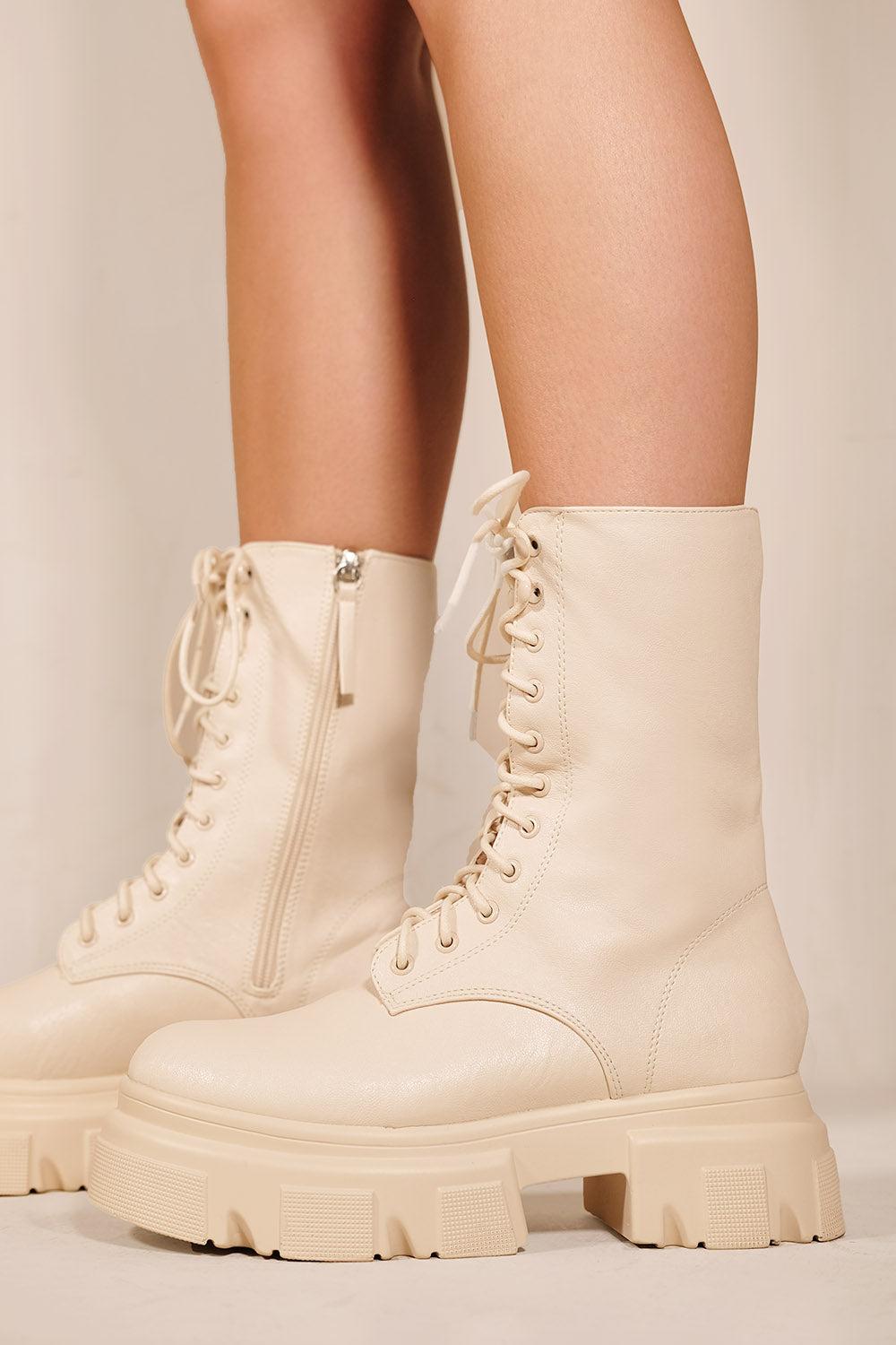 Where's That From Yareley Chunky Sole Ankle Boots With Lace Up Detail in  Natural | Lyst