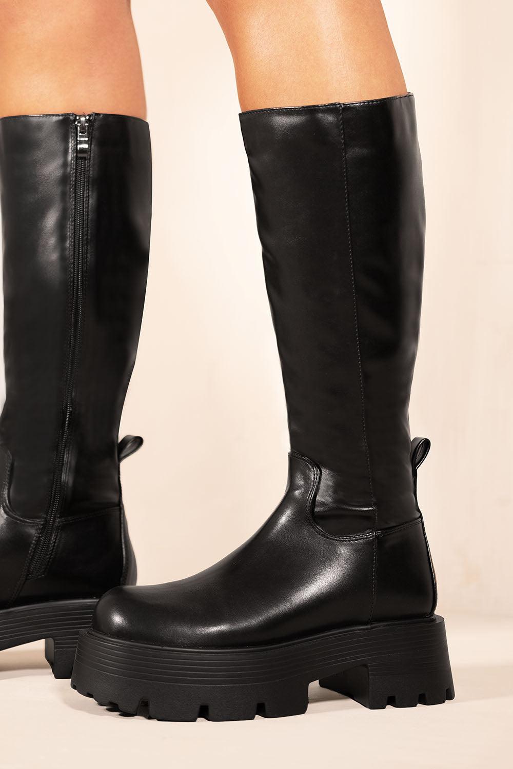 Where's That From Marika Chunky Platform Calf High Boots With Side Zip in  Black | Lyst