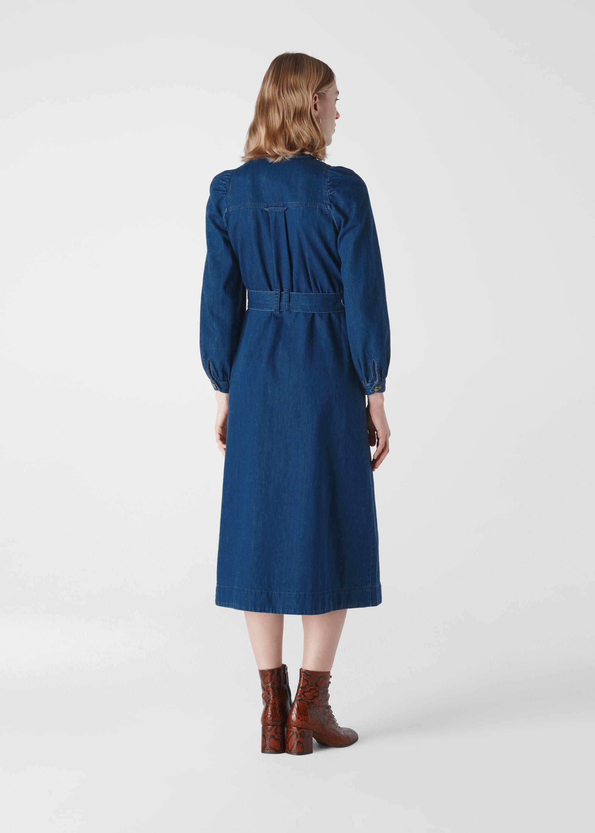 blue belted midi denim dress