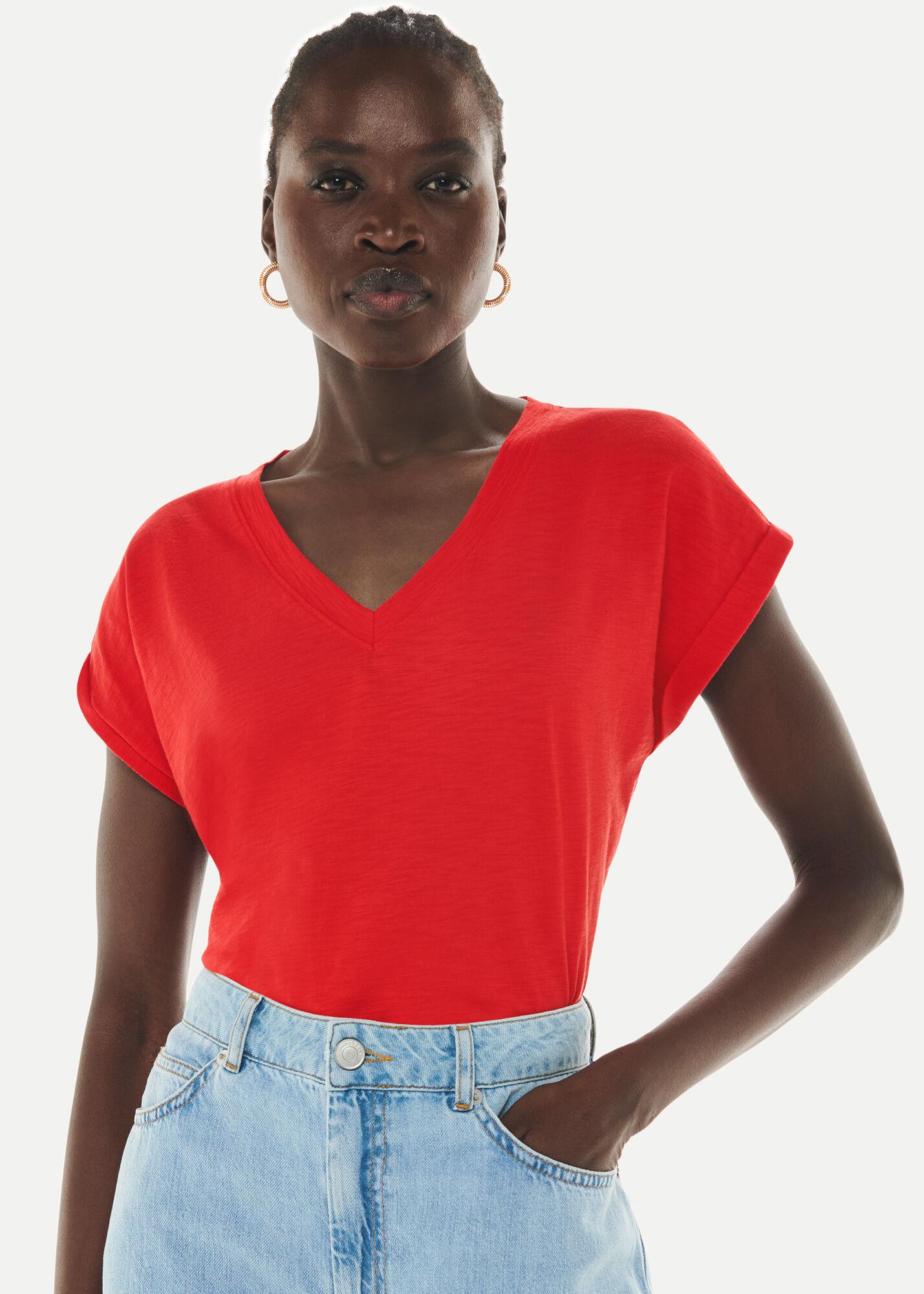 red v neck tee shirt