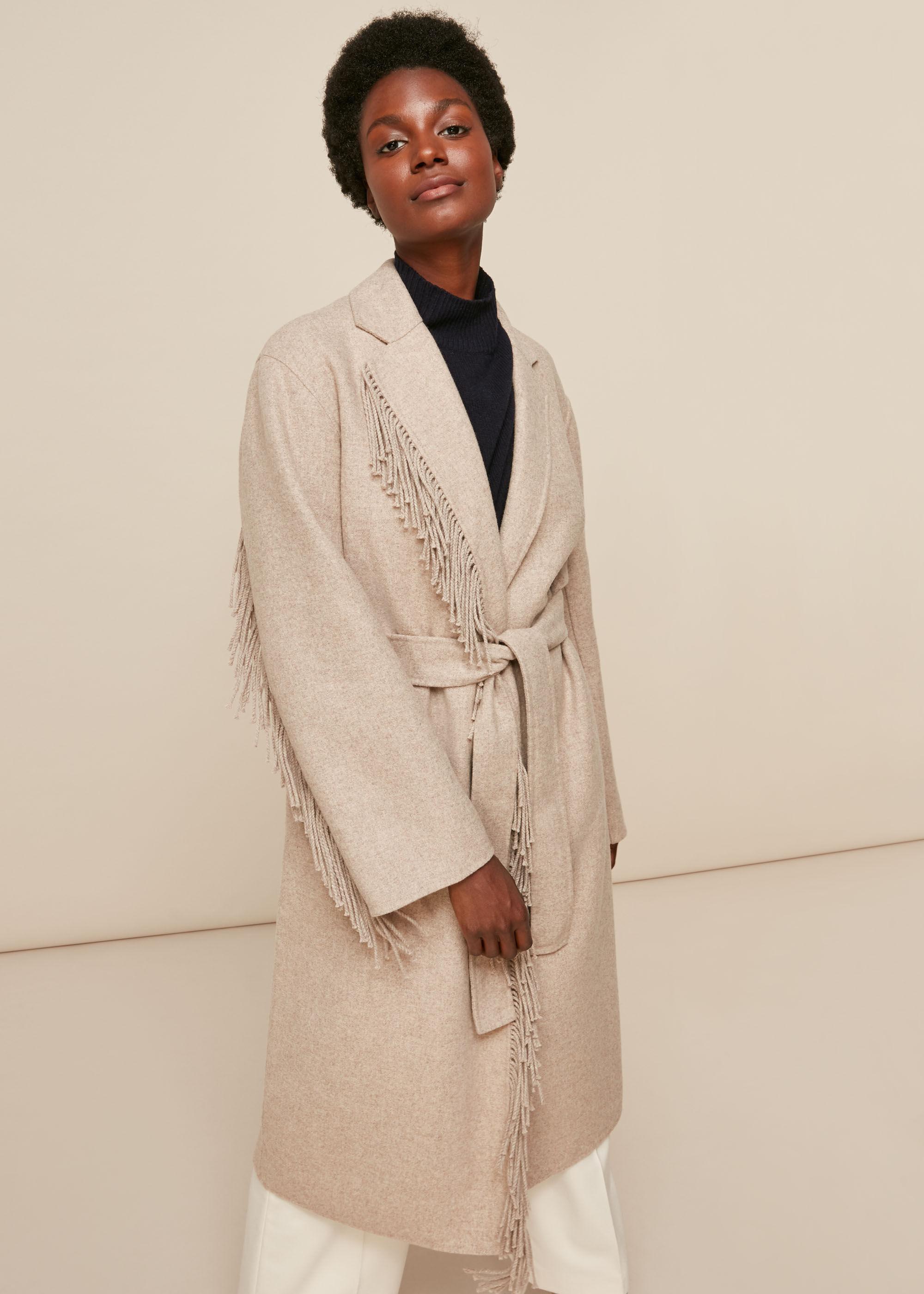 Whistles Wool Fringe Detail Wrap Coat 