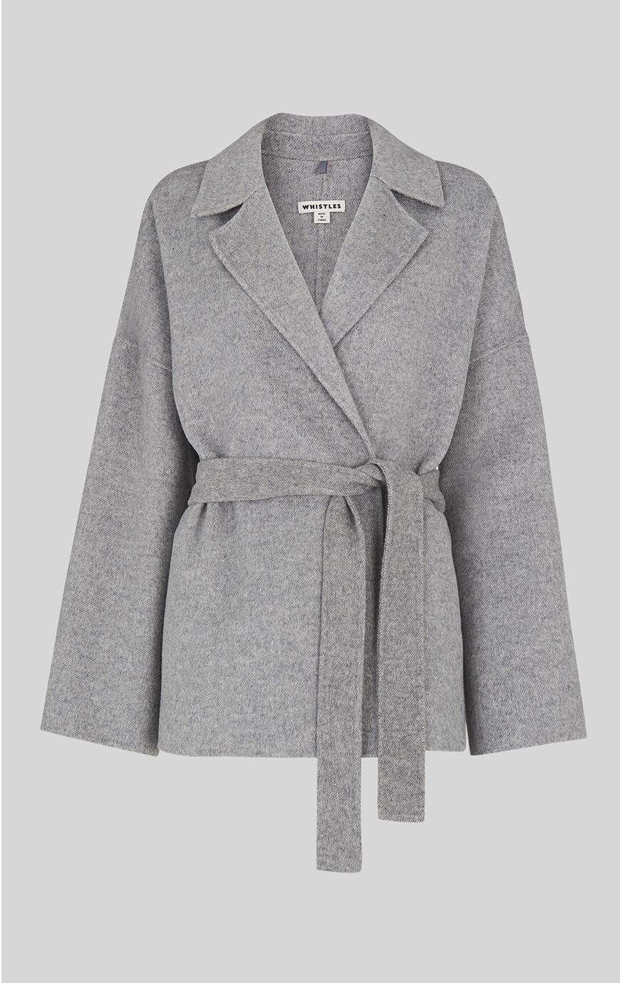 Whistles Belted Short Wrap Coat in Gray | Lyst