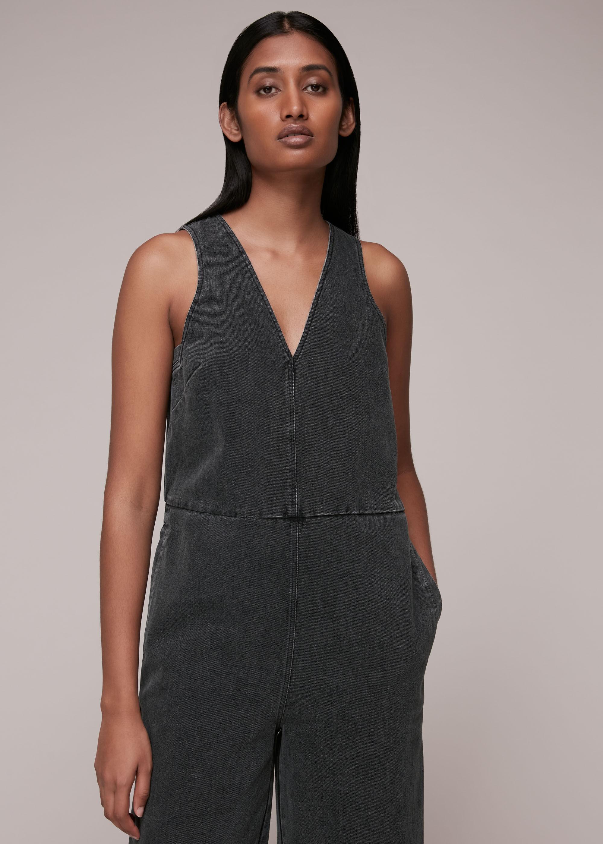 Whistles V Neck Denim Jumpsuit in Black 