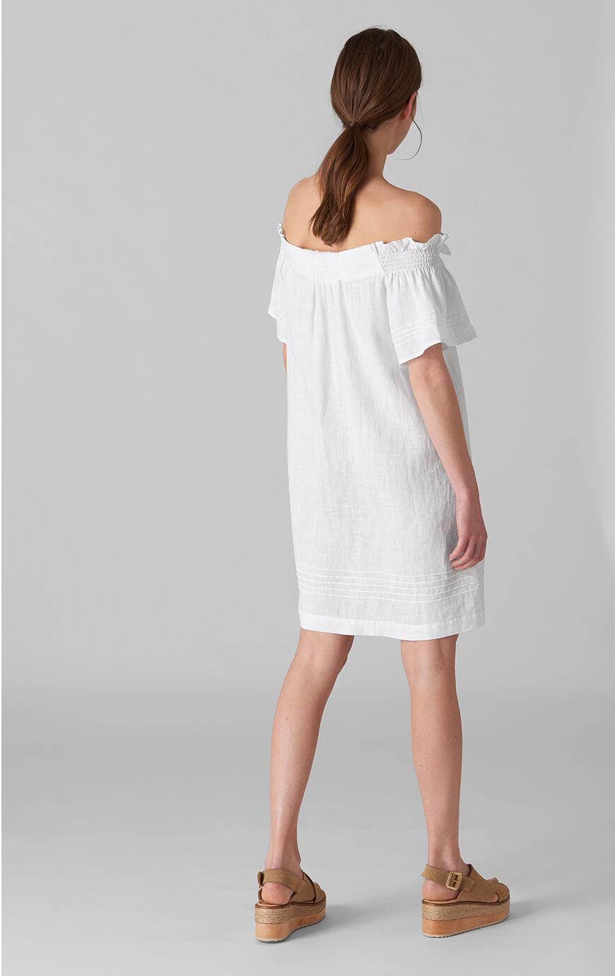 white linen bardot dress