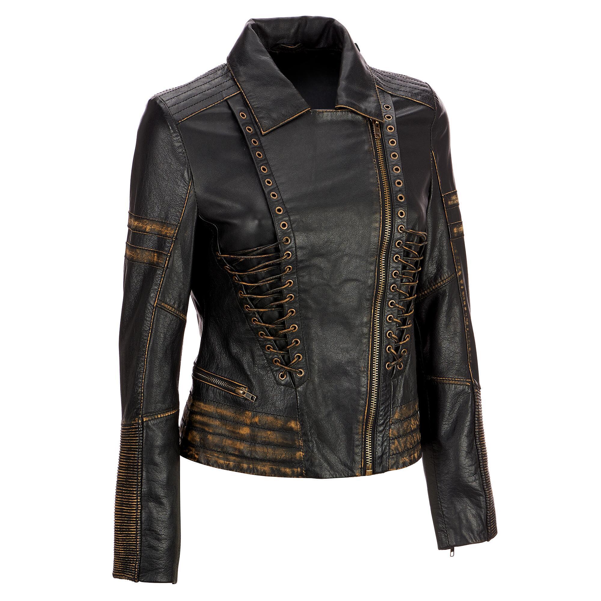 Wilsons Leather Vintage Distressed Leather Asymmetrical Jacket W/ Lace ...