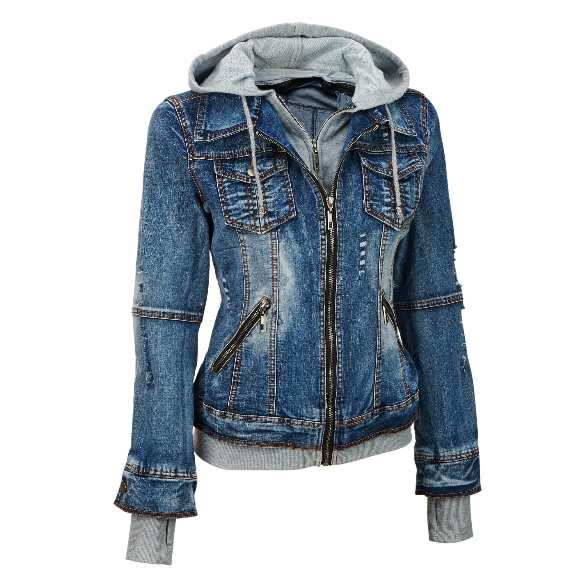 Wilsons Leather Blue Coalition La Knit Insert Denim Jacket W Adjule Hood - Denim Jacket With Leather Sleeves And Hood Wilsons Leather Blue Coalition La Knit Insert Denim Jacket W Adjule Hood - Denim Jacket With Leather Sleeves And Hood