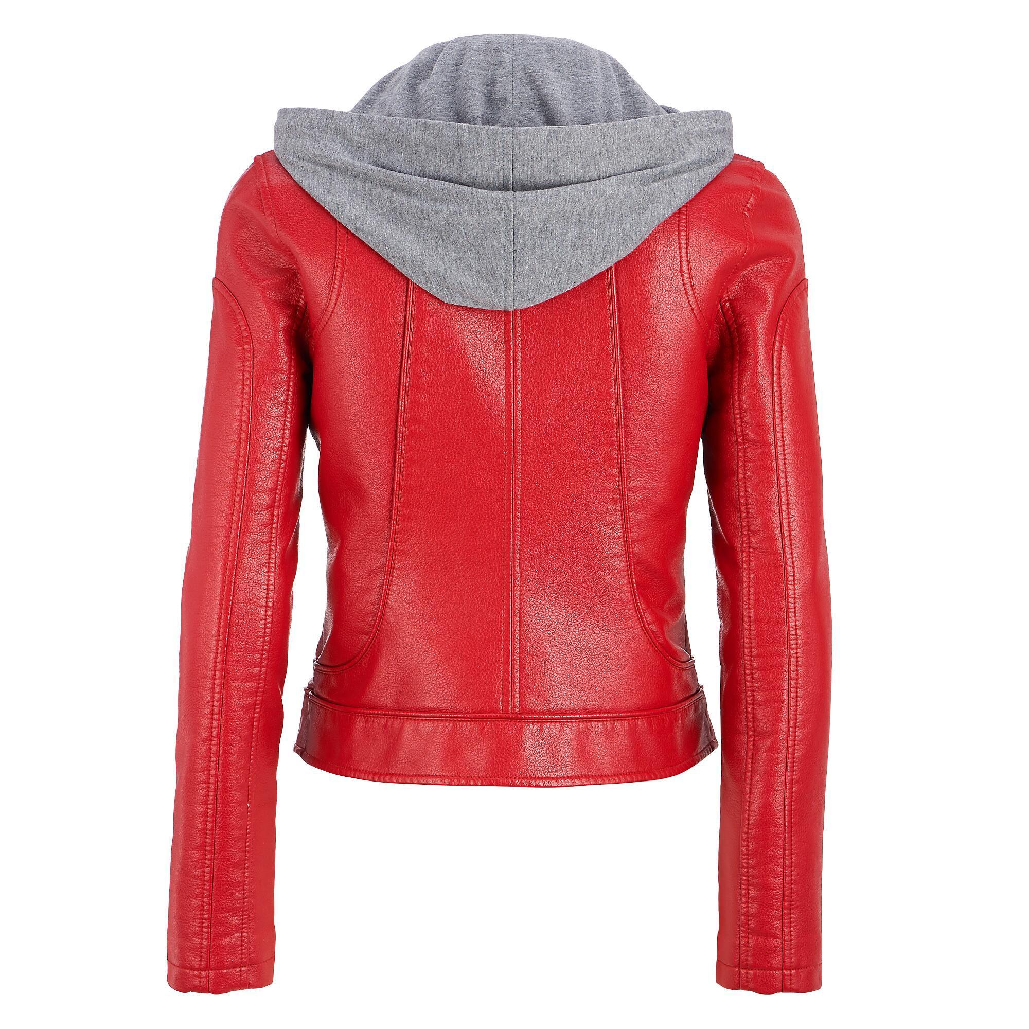 Wilsons Leather Red Black Rivet Faux Moto Jacket W Adjustable And Removable Hood