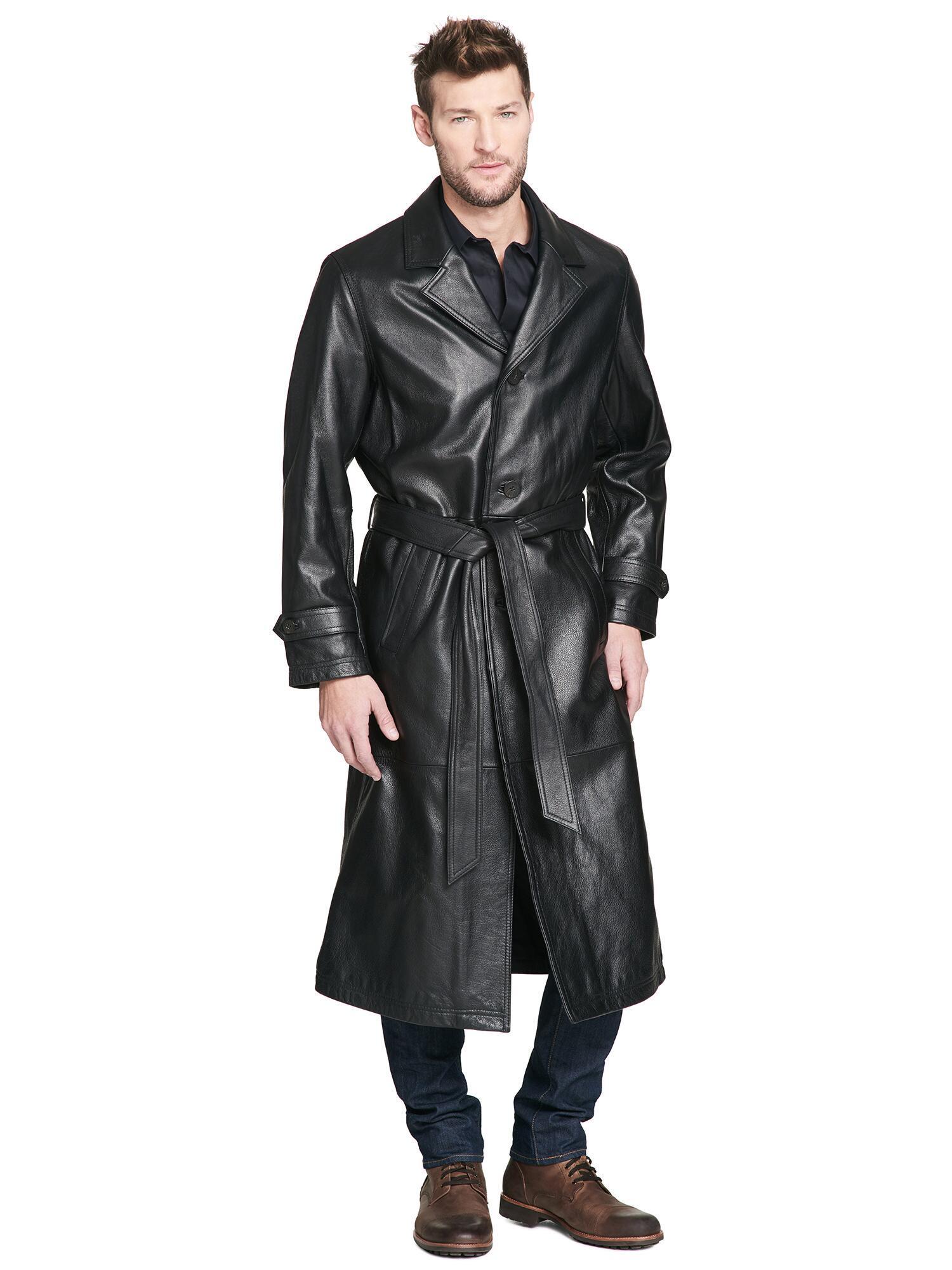 Wilson s Leather Vintage 1970s Sleek Black Leather Trench Coat Long 