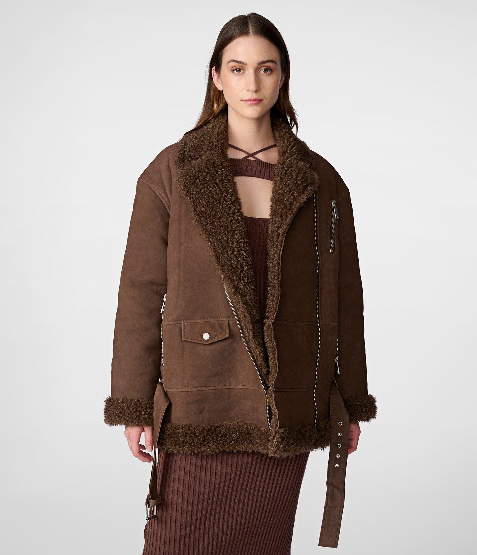 Belted Quilted Long Jacket With Faux Sherpa Lining