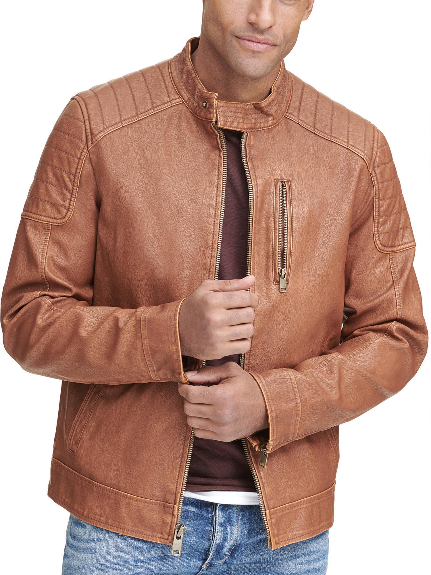 Men S Brown Faux Leather Moto Jacket W Quilted Shoulders
