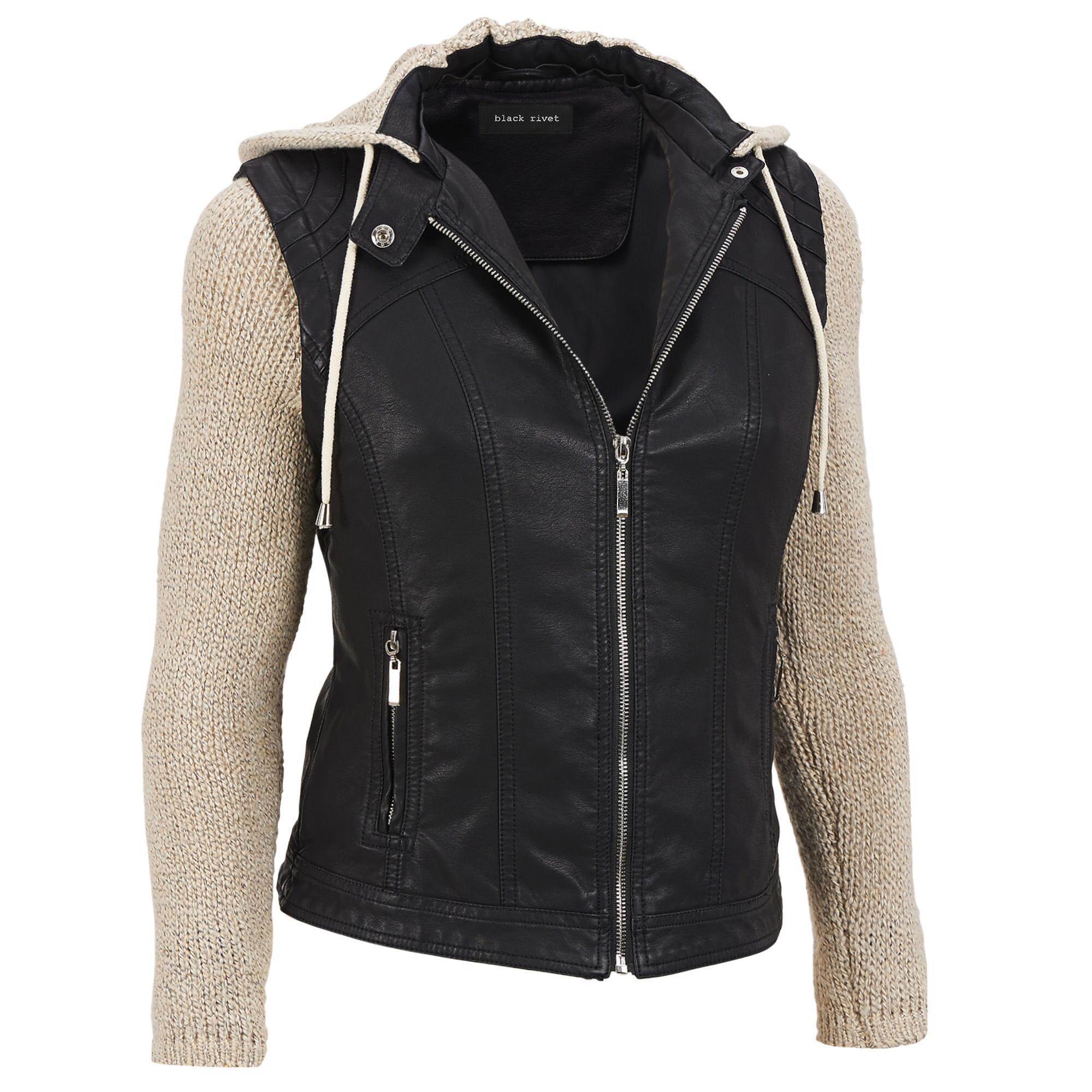 Wilsons Leather Black Rivet Faux Jacket W Removable Knit Sleeves And Hood
