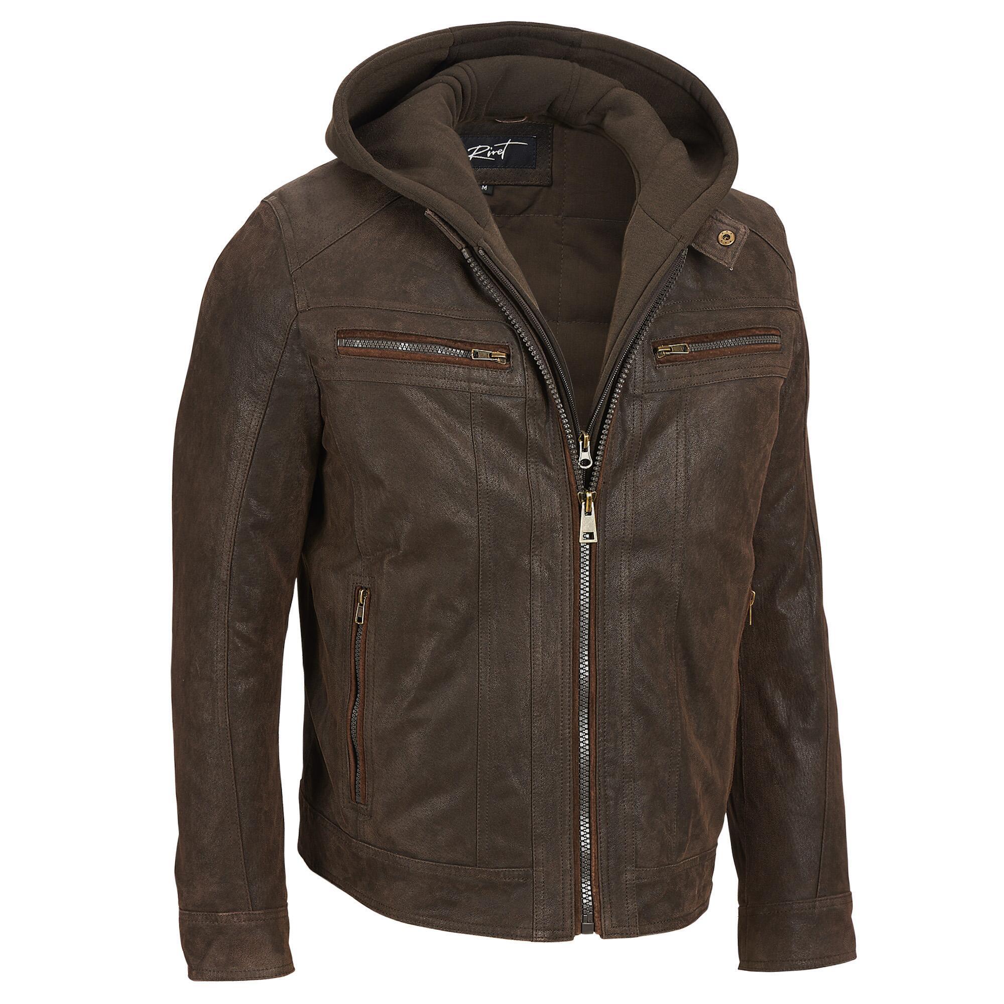 Men S Brown Big Tall Black Rivet Leather Hooded Cycle Jacket W Storm Collar
