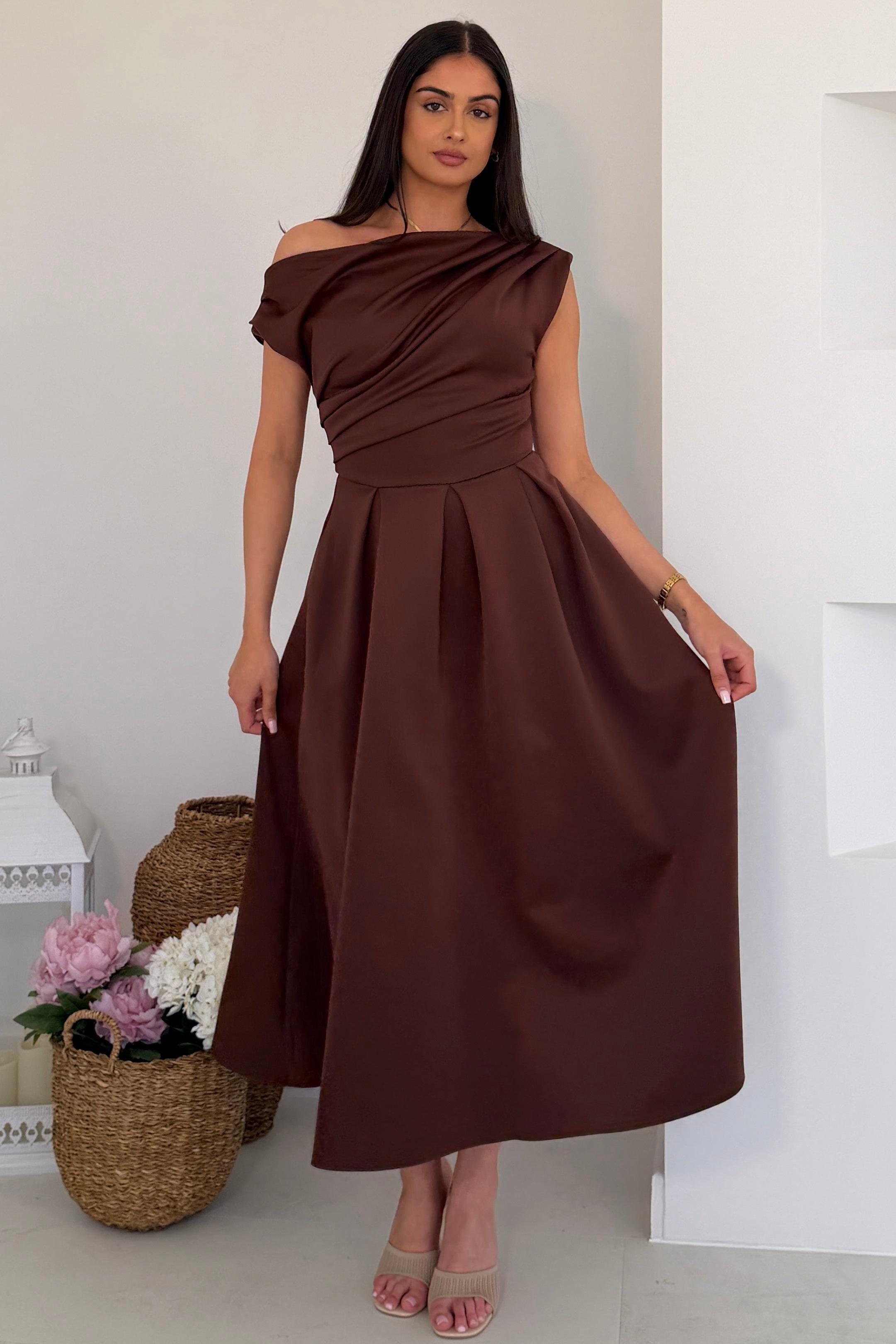 brown skater dress Betty Asymmetric Mini (Brown)| Love Cherish each design is enlivened by sharp details to achieve the brands signature glamourous Chocolate boohoo Rib Dropped Hem
