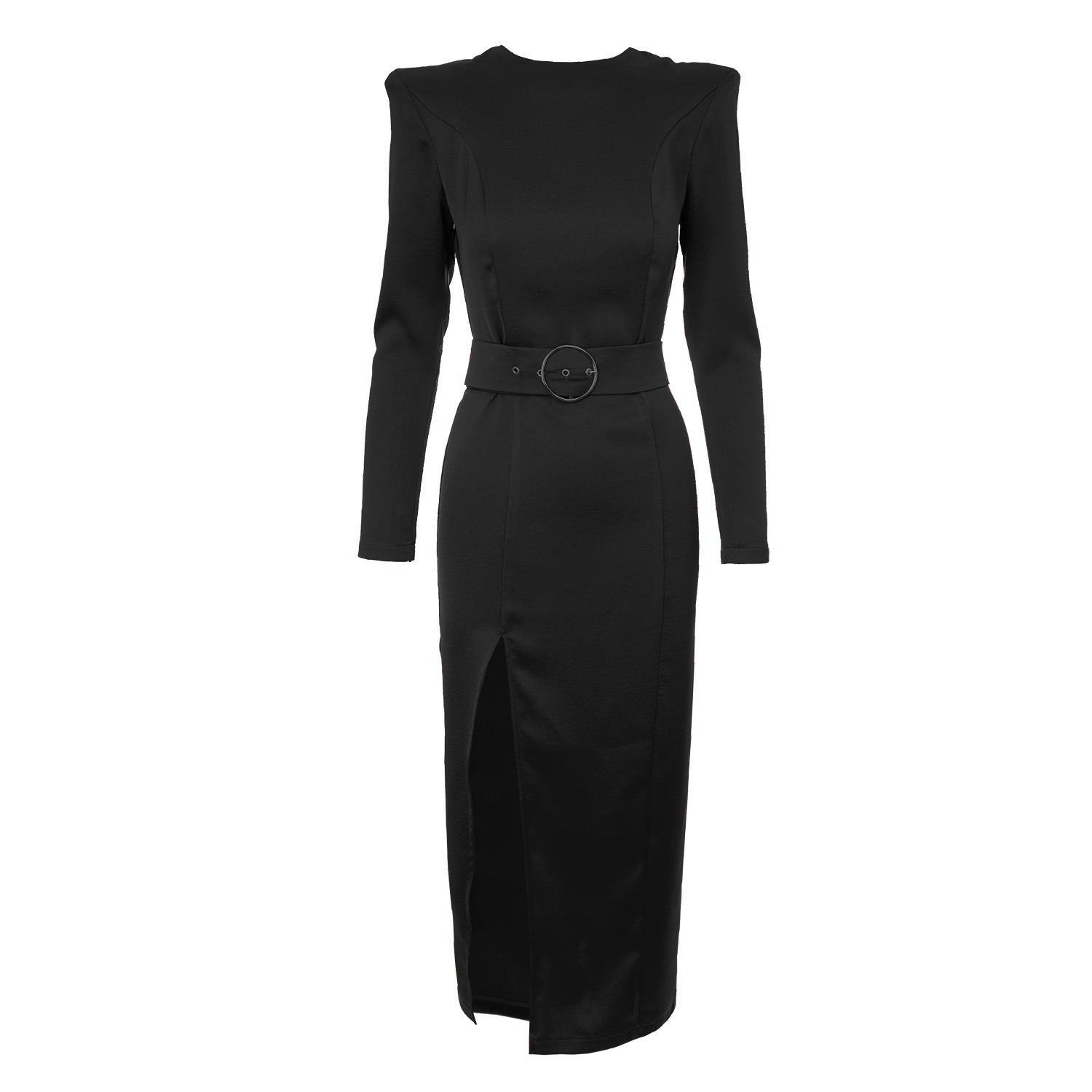BLUZAT Midi Black Dress With Overized Shoulders And Slit | Lyst