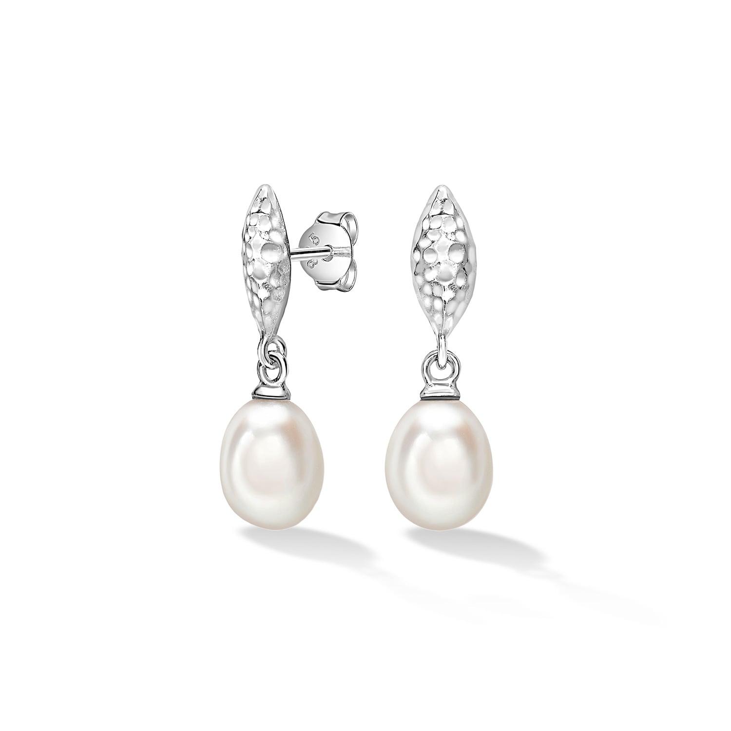 Dower Hall Hammered Marquise Freshwater Pearl Drop Earrings in