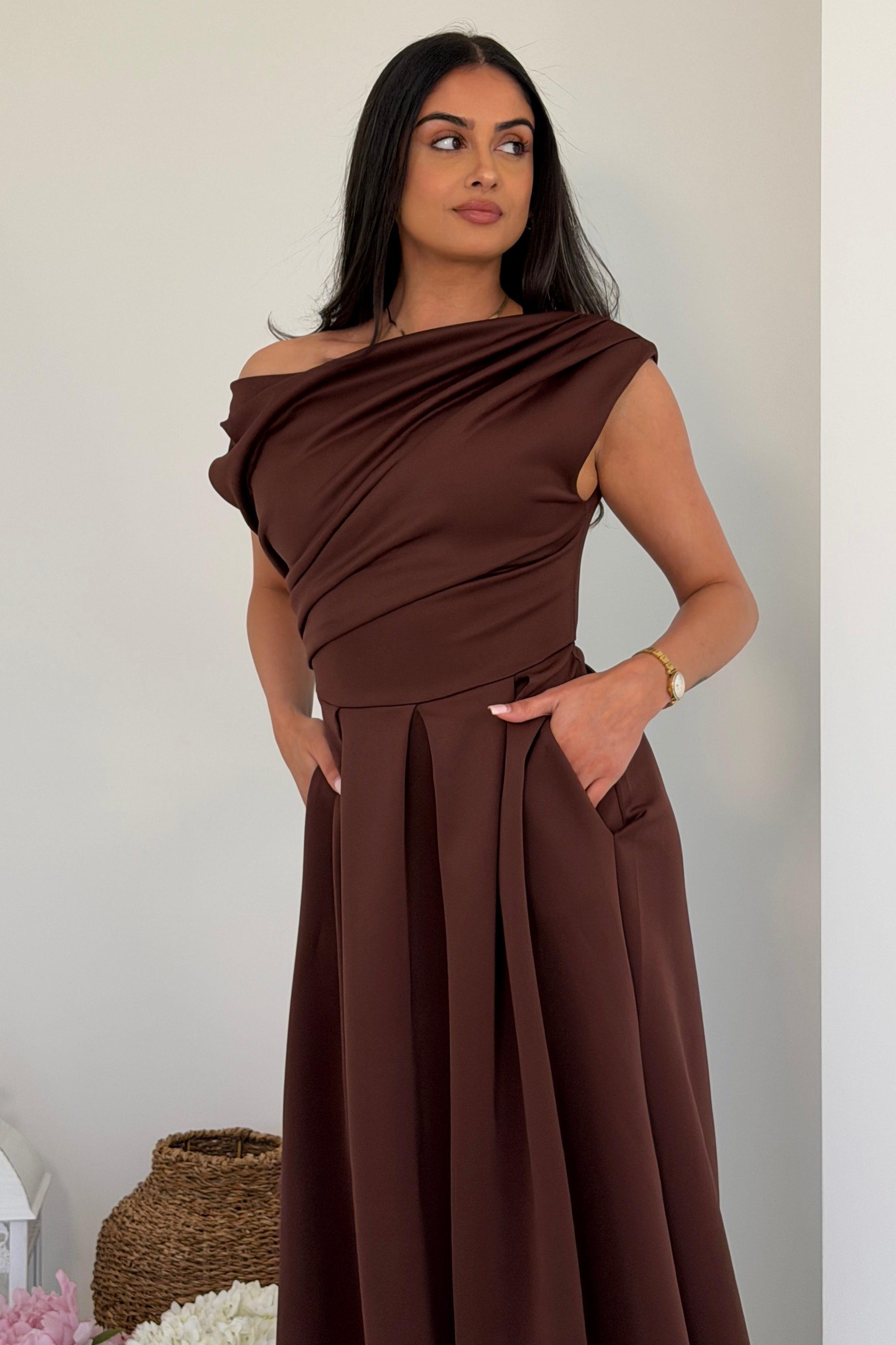 brown skater dresses Betty Asymmetric Mini Skater Dress (Brown)| Love Cherish