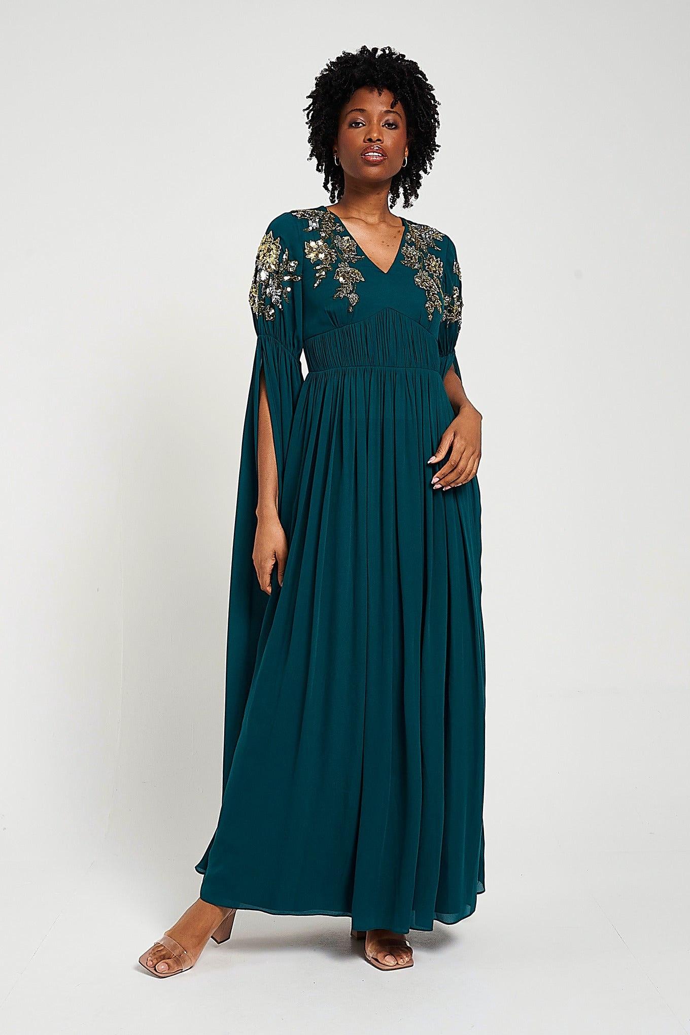 Frock and Frill Verity Embellished Cape Sleeve Maxi Dress in Green - Main Image