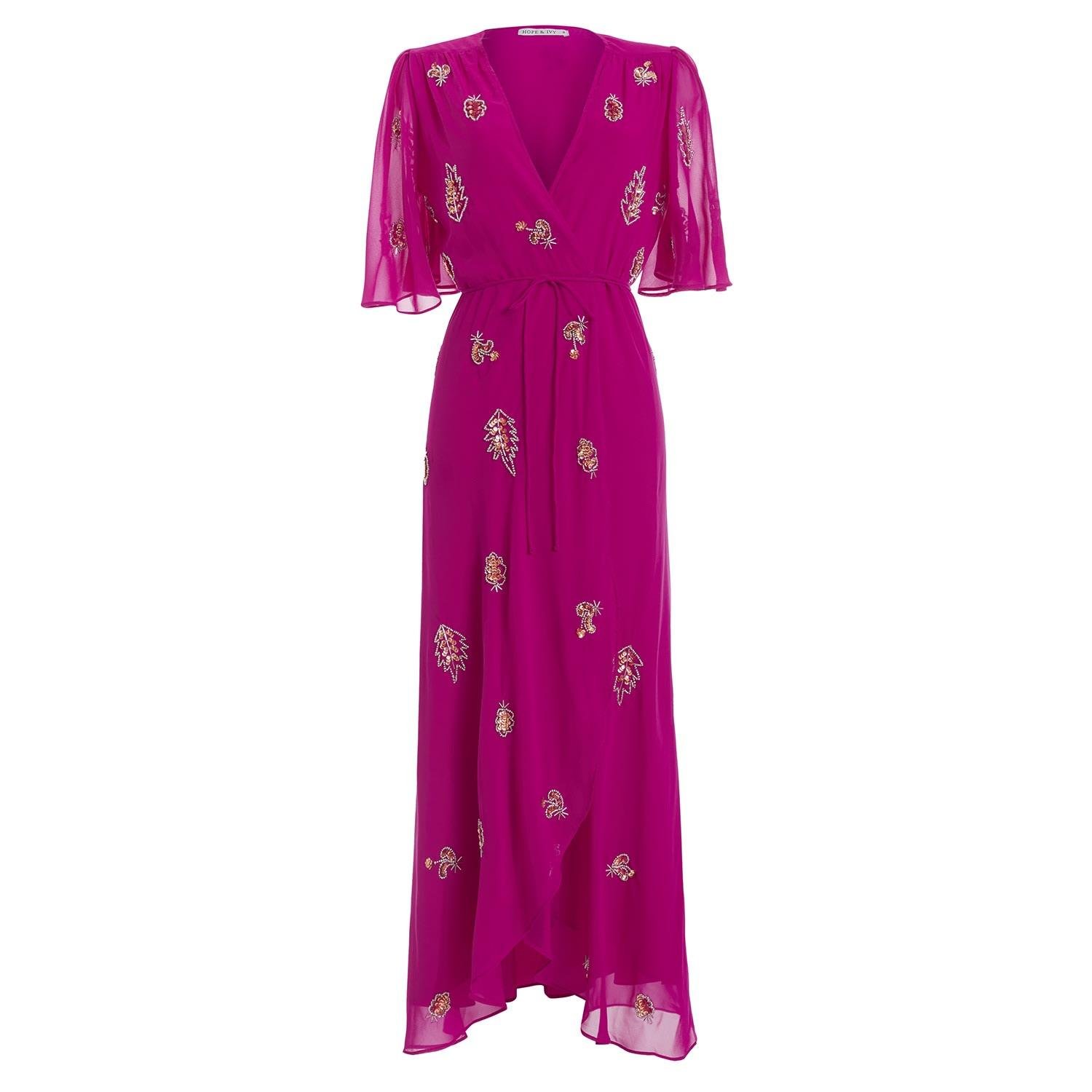 Hope and Ivy The Molly Embellished Flutter Sleeve Wrap Dress With