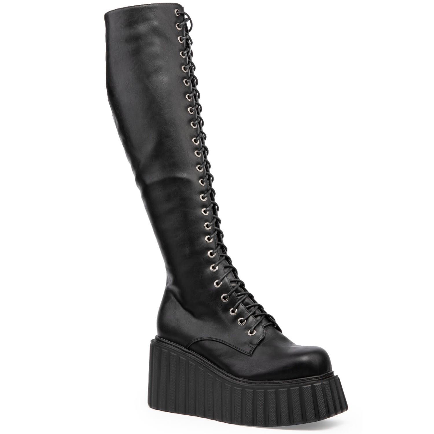 LAMODA Important Chunky Creeper Platform Knee High Boots in Black