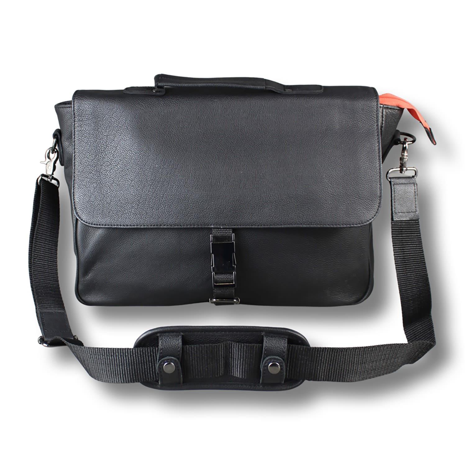 LeatherCo. Black Leather Laptop Messenger Bag With Orange Zip for