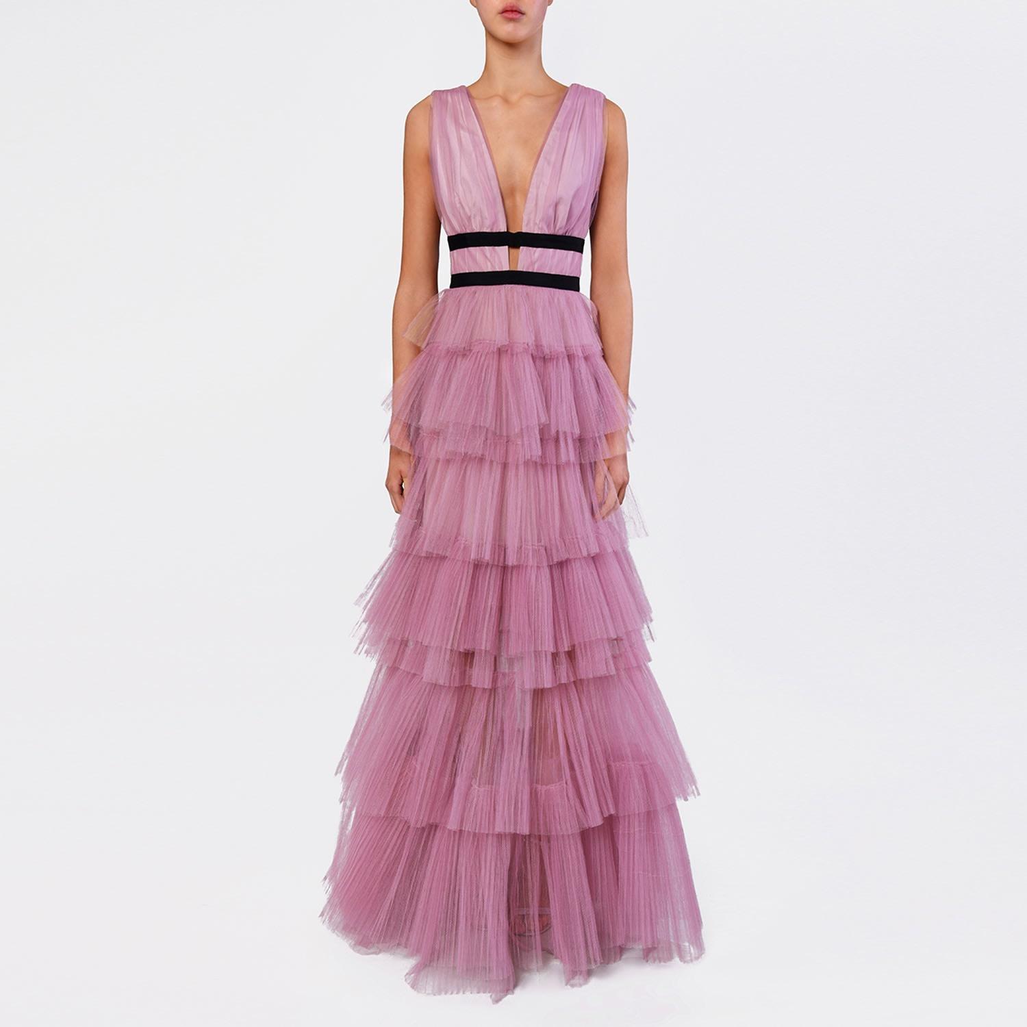 True Decadence Dark Pink Plunge Front Tulle Layered Maxi Dress | Lyst