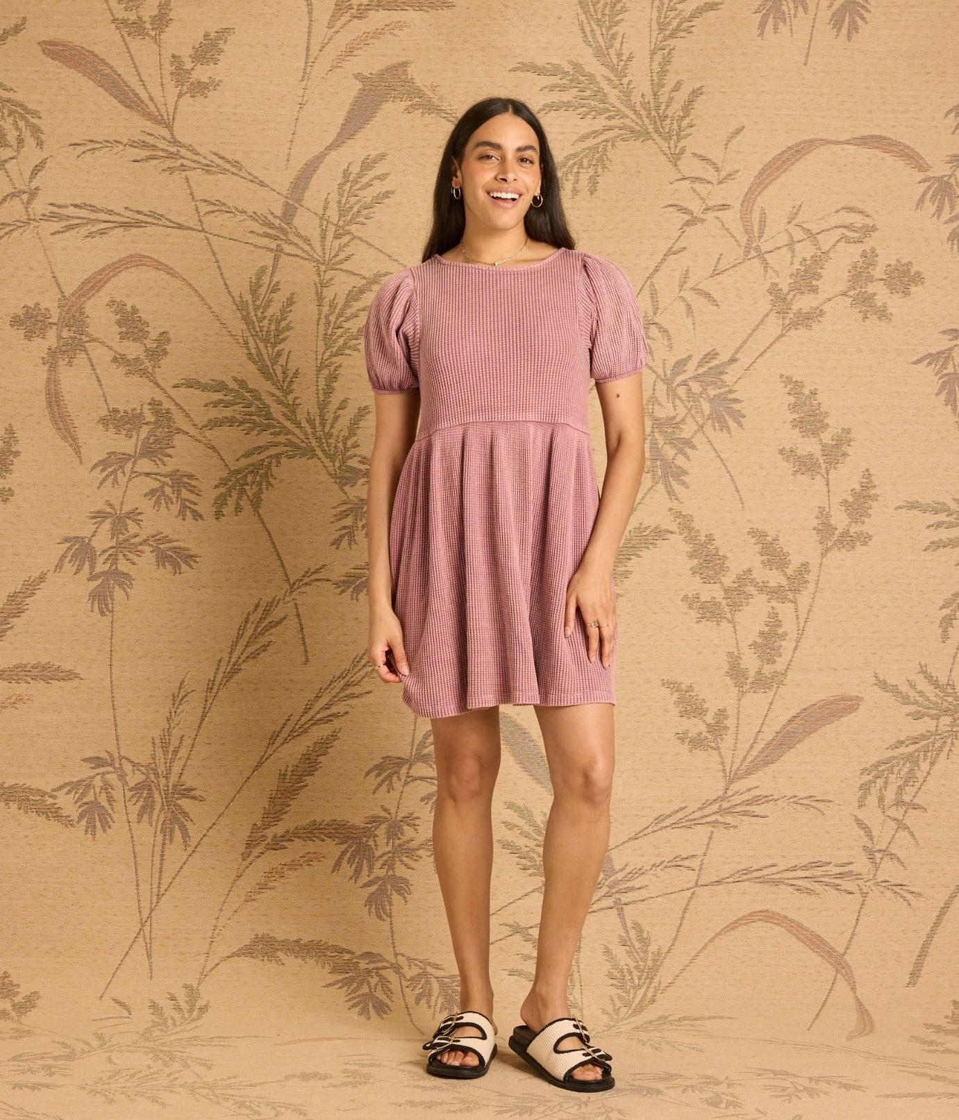 waffle knit babydoll dress Known Supply Puff Sleeve in Pink Apparel