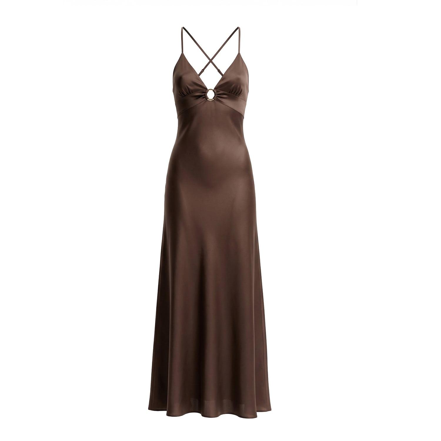 satin brown slip dress Long Sleeve Satin Slip Dress in Cocoa Brown – Hijabglamour main image 1
