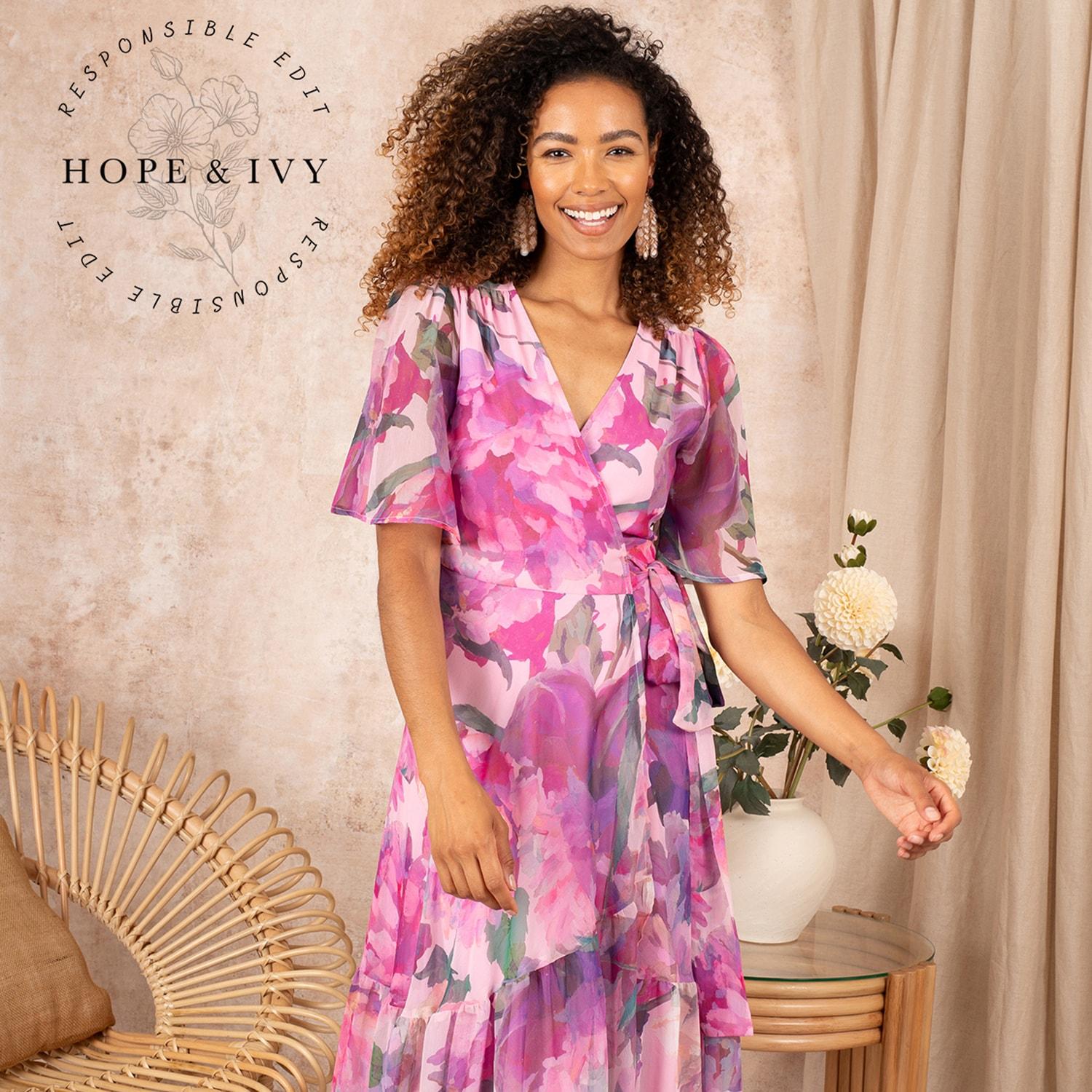 Hope & Ivy The Tessa Flutter Sleeve Maxi Wrap Dress With Tie Waist in Pink  | Lyst