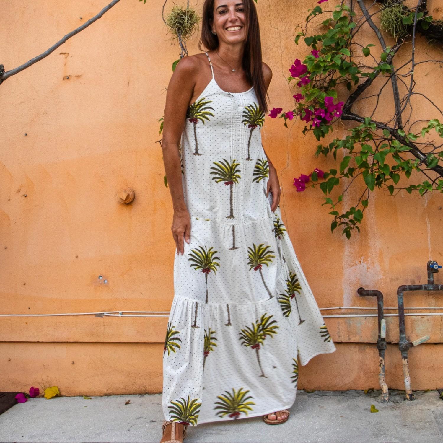 Pick Happy Neutrals Pintuck Maxi Cotton Dress Palm Tree Polka Dots